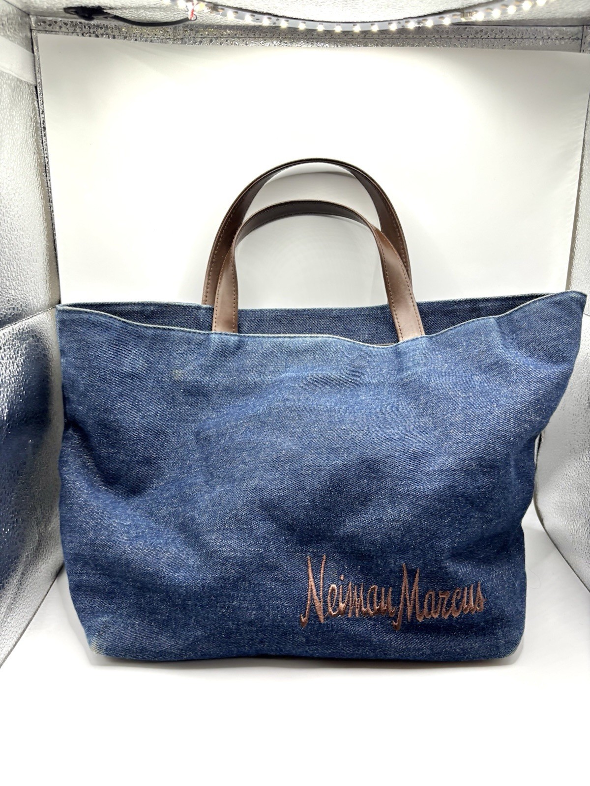 Neiman Marcus Denim Tote Bag/Purse Blue w/ Brown Accents Vintage
