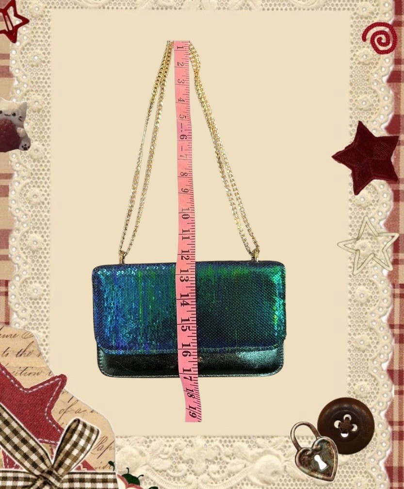 Dune London Blue/Green Sequin Metallic Shoulder Bag Gold Chain Strap Small