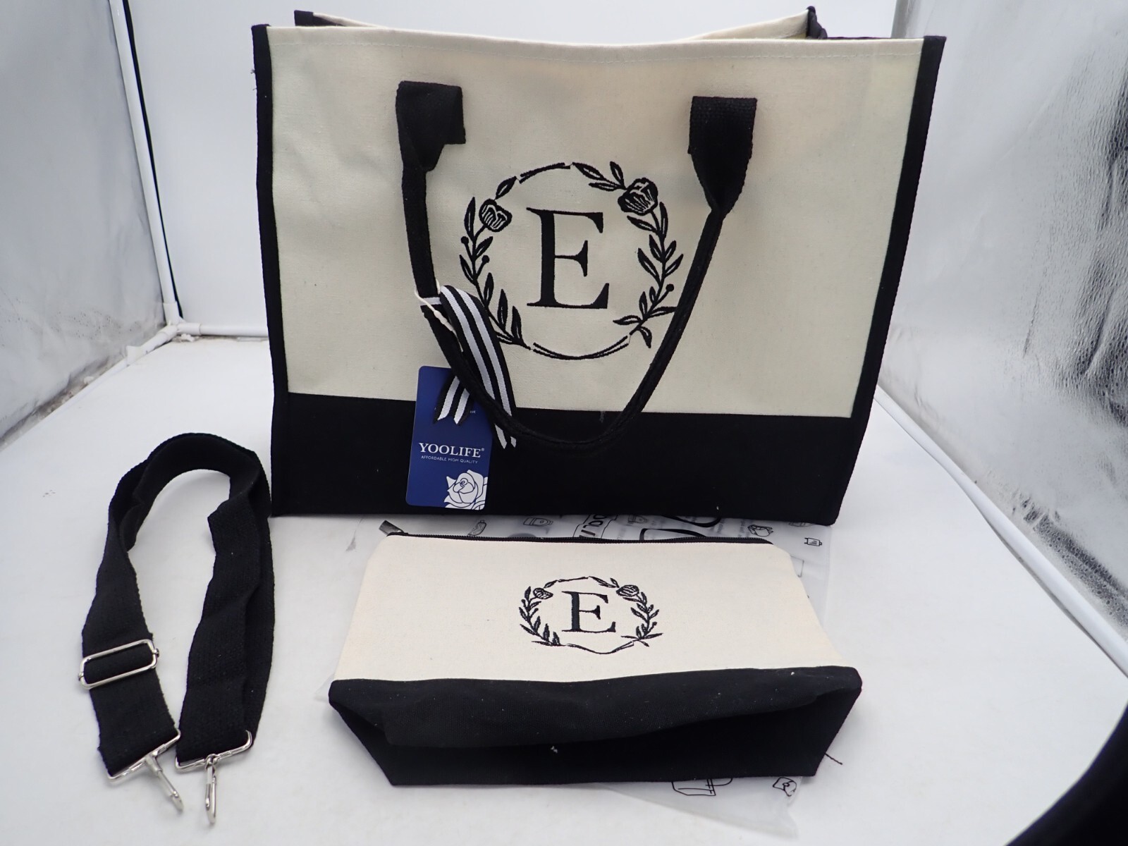 New Personalized Canvas Tote and Makeup Bag Monogrammed Initial Letter – E