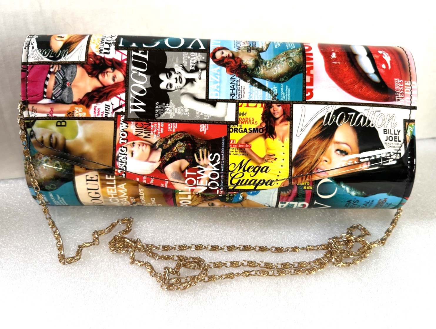 Y2K Magazine Style Print Trendy Retro Multicolor Collage Clutch Purse Handbag