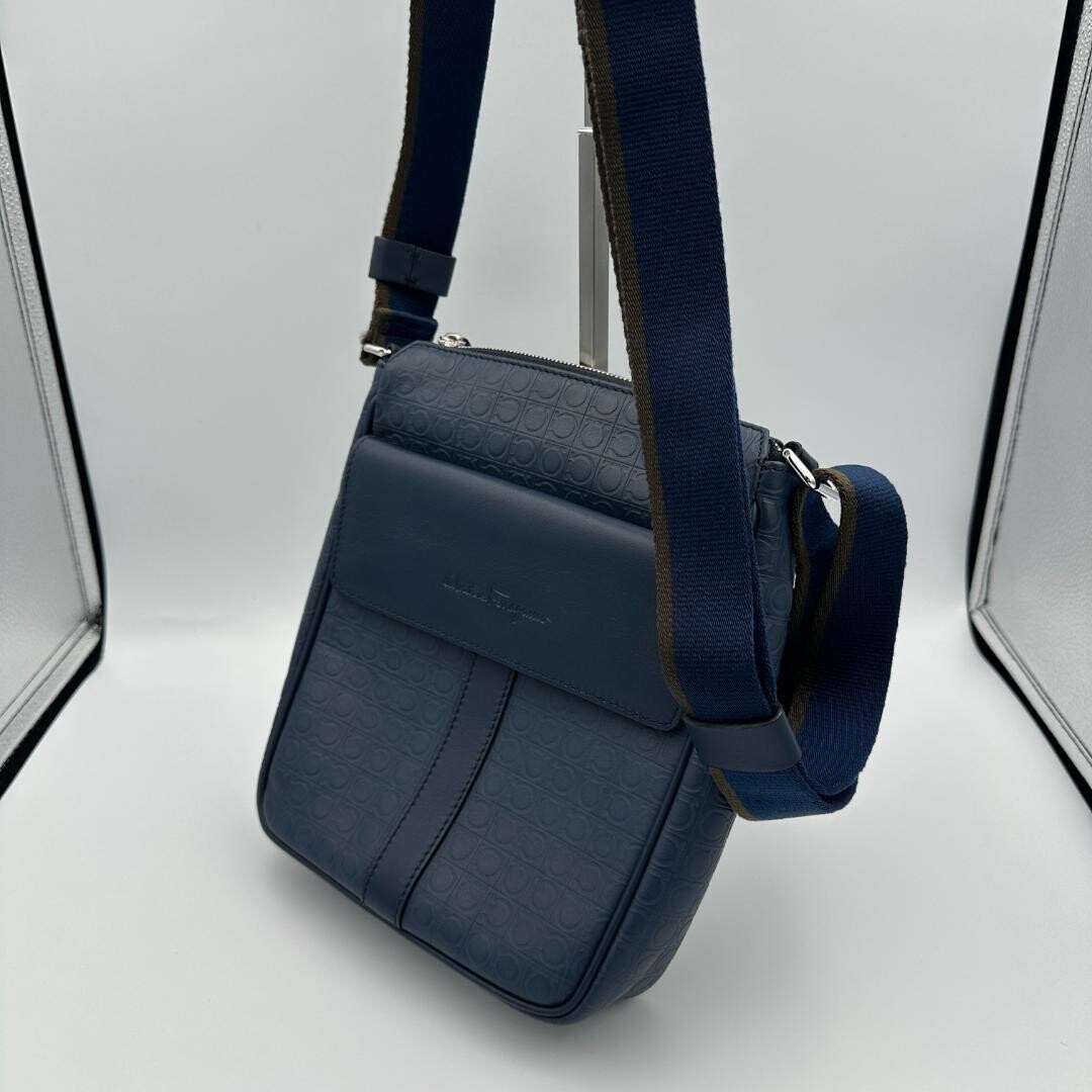 Salvatore Ferragamo Gancini Embossed Leather Crossbody Shoulder Bag Navy Italy