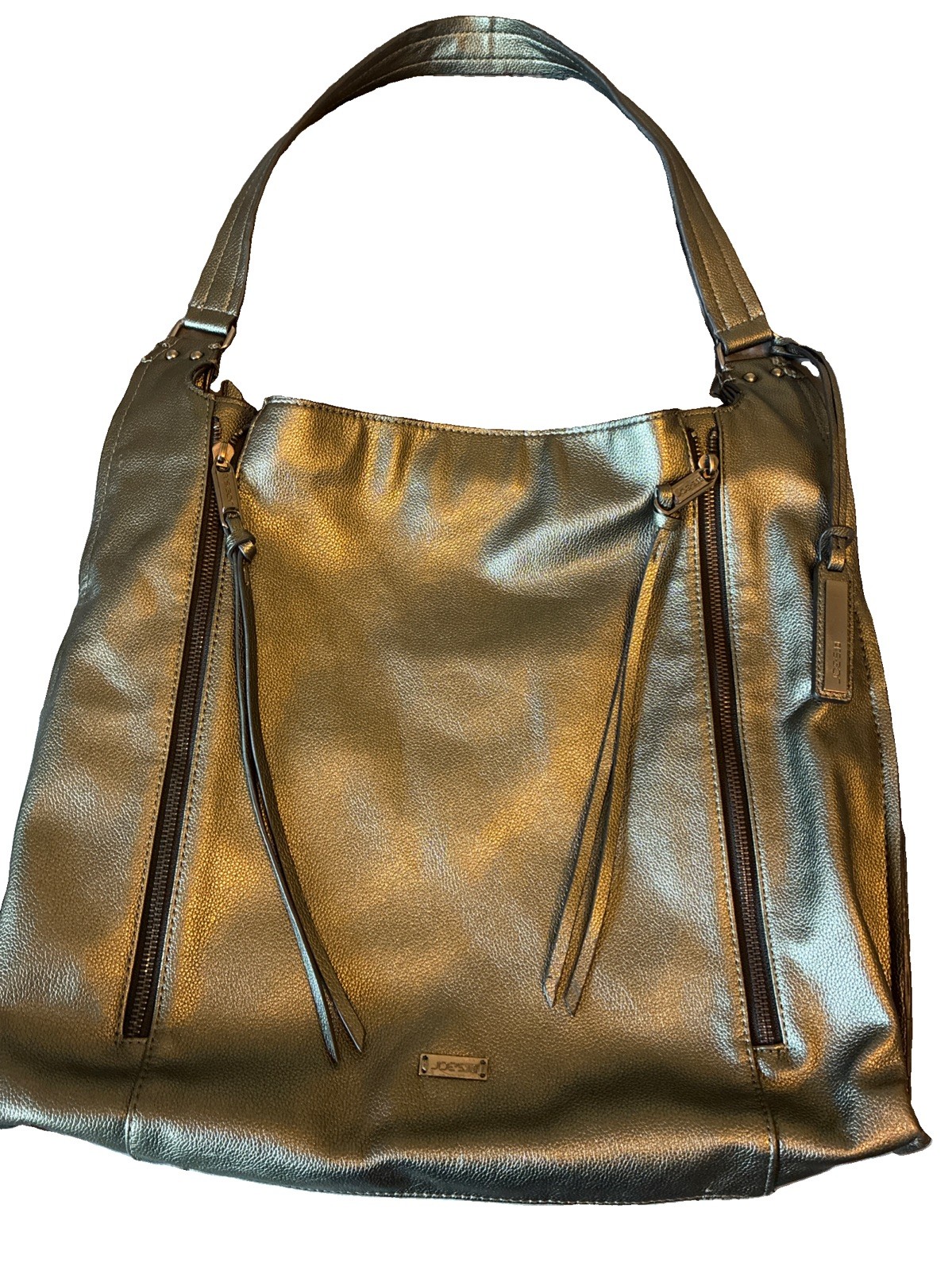 Joe’s Jeans Purse Hobo Bag Metallic Green Gray Boho PU Leather Short Strap