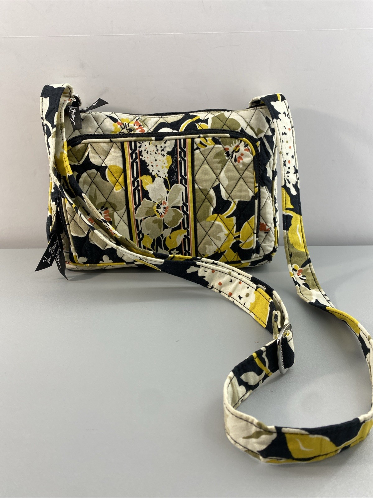 Vera Bradley Crossbody Dogwood Flowers Adjustable 7×10” Black Yellow Retired