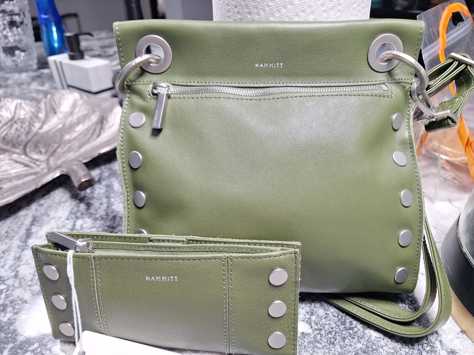 Hammitt Tony Medium Landscape Green Leather Crossbody Bag with Matching Wallet