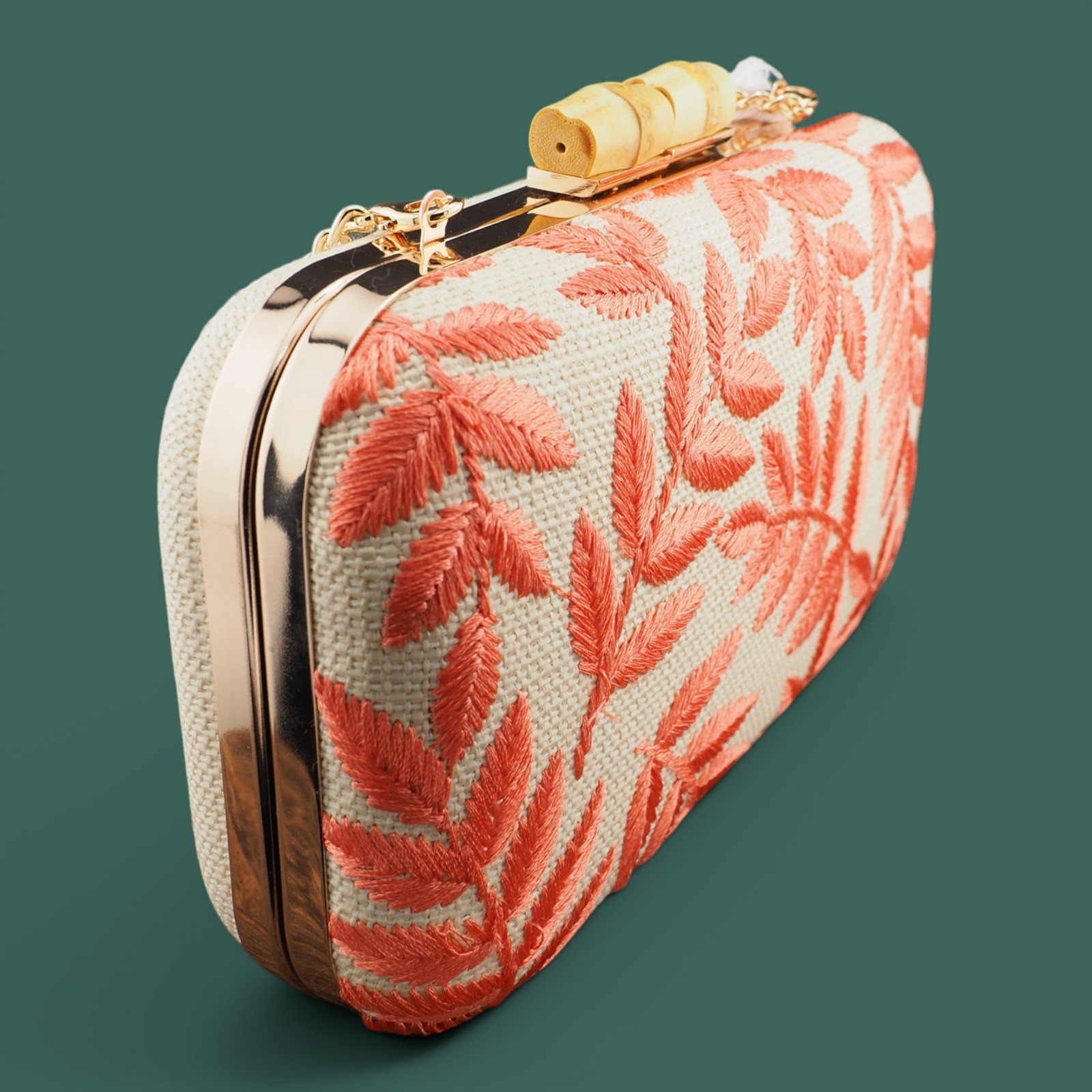 Haute Hippie Style Embroidered Straw Clutch Coral Pink Leaf Hardshell Purse NWT