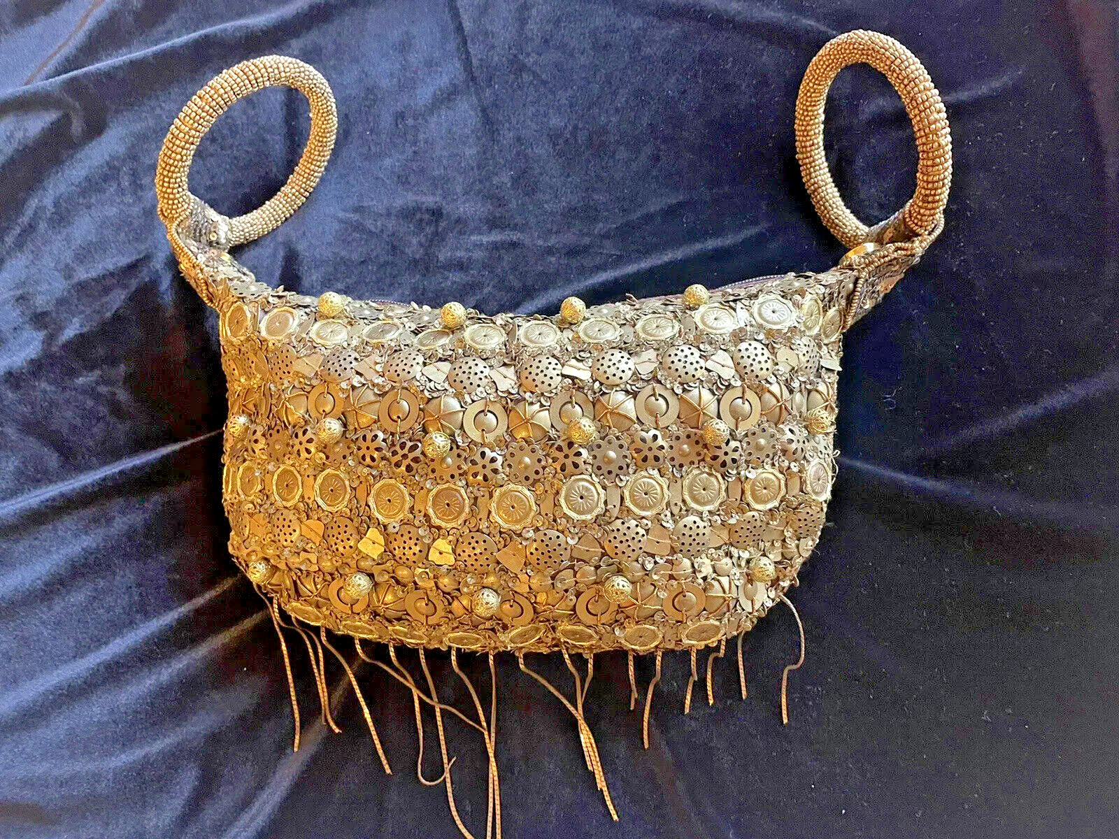 Exquisite Gold Color Hobo Purse Studded With Antique Finish Brass Coins. 11×6.5”