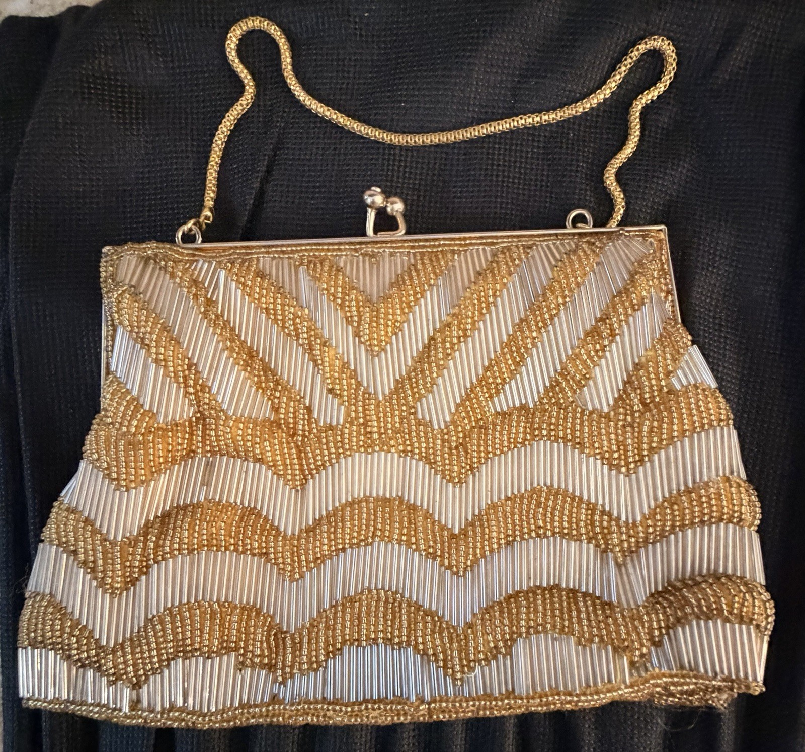 Vintage 1960s Walborg Beaded Evening Bag Gold Chevron Art Deco Clutch