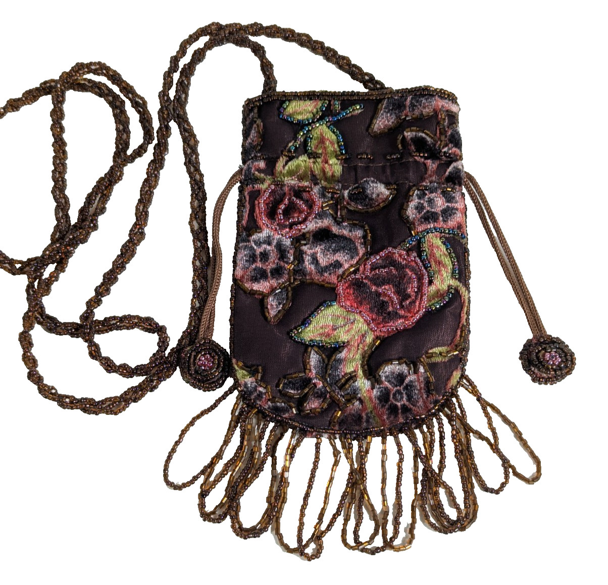 Beaded Small Brown Velvet Bag trimmed in iridescent beads, perfect for ID Credit