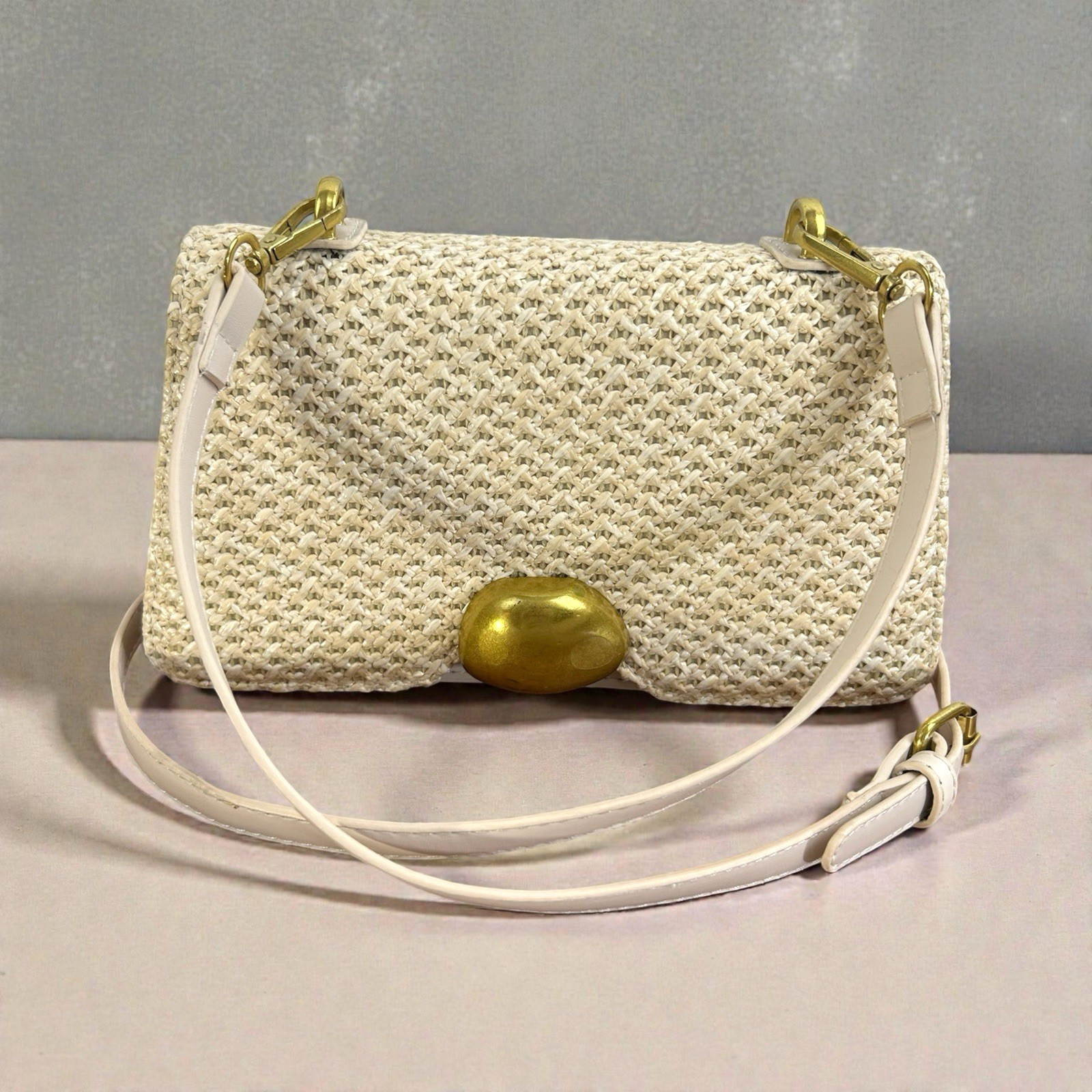 SMALL IVORY STRAW BAG Crossbody Purse Faux Leather Trim Purse Gold-Tone Hardware
