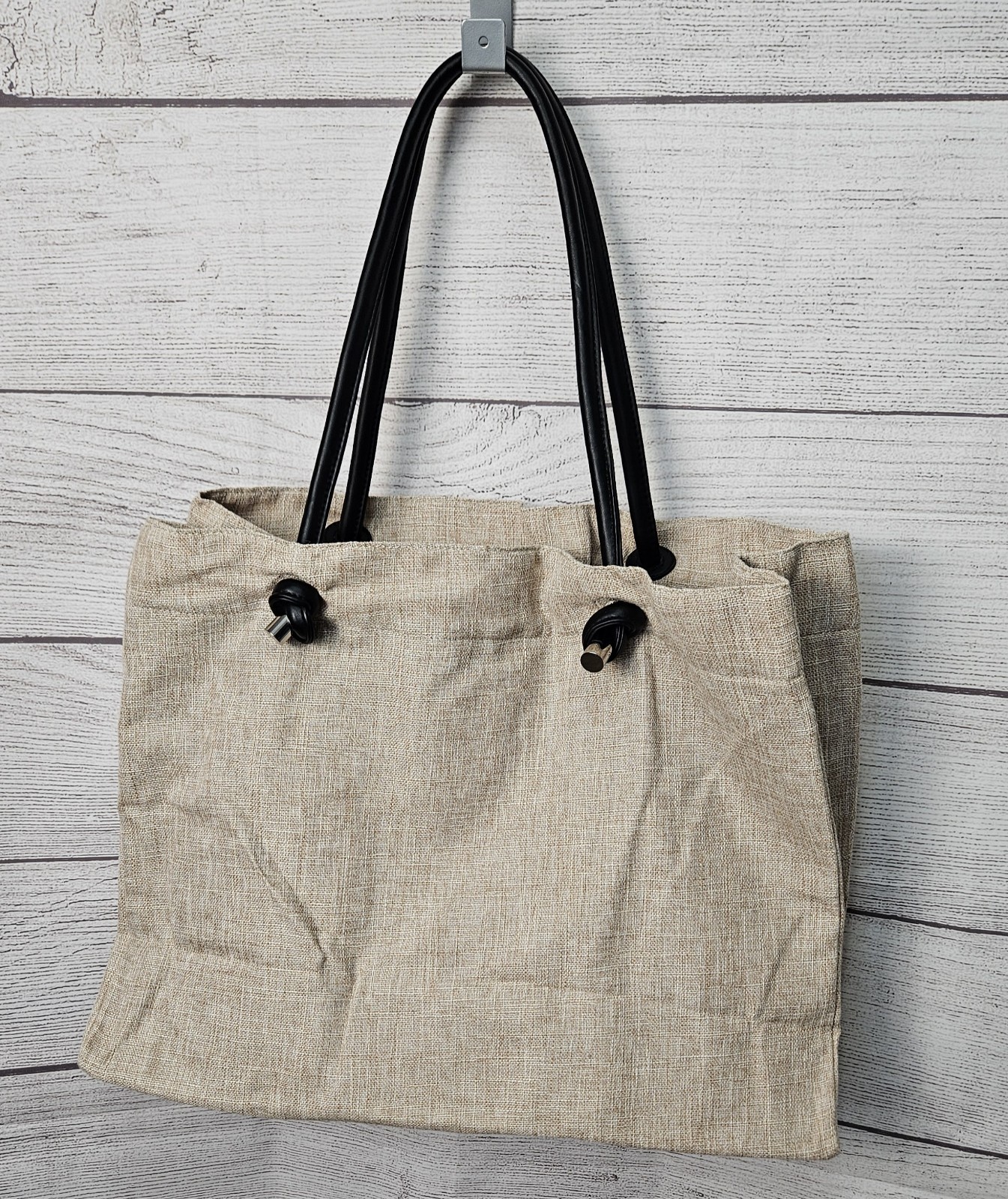 ANINE BING Beige Logo Tote Bag Double Handles Black Lined Inner Pockets