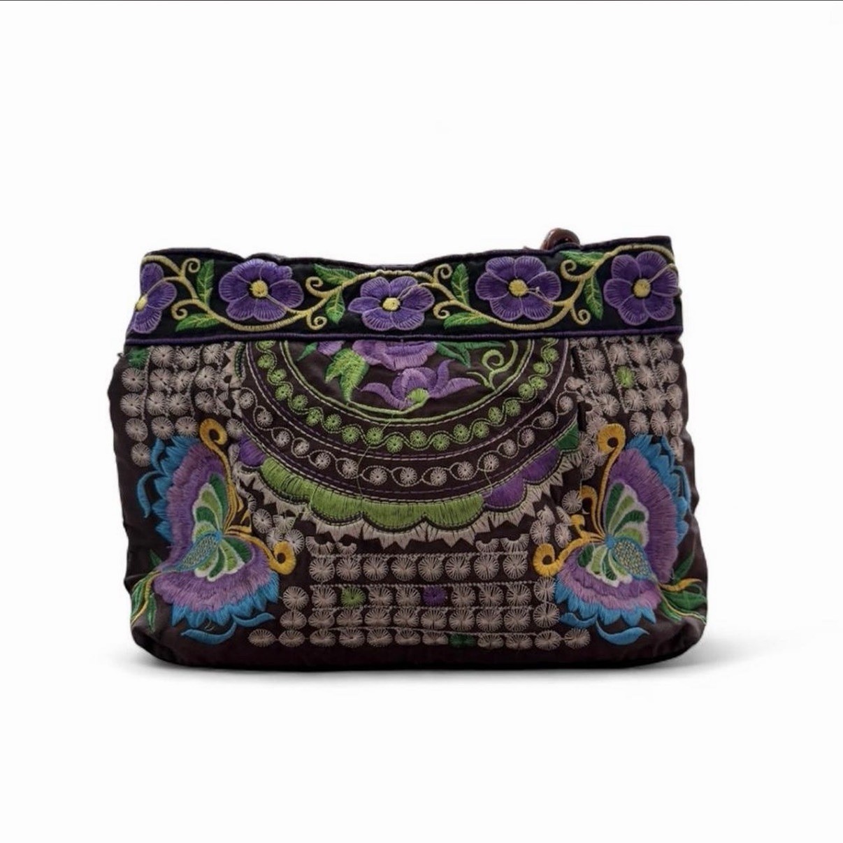 Black Multicolor Floral Butterfly Embroidered Beaded Zip Shoulder Bag Purse