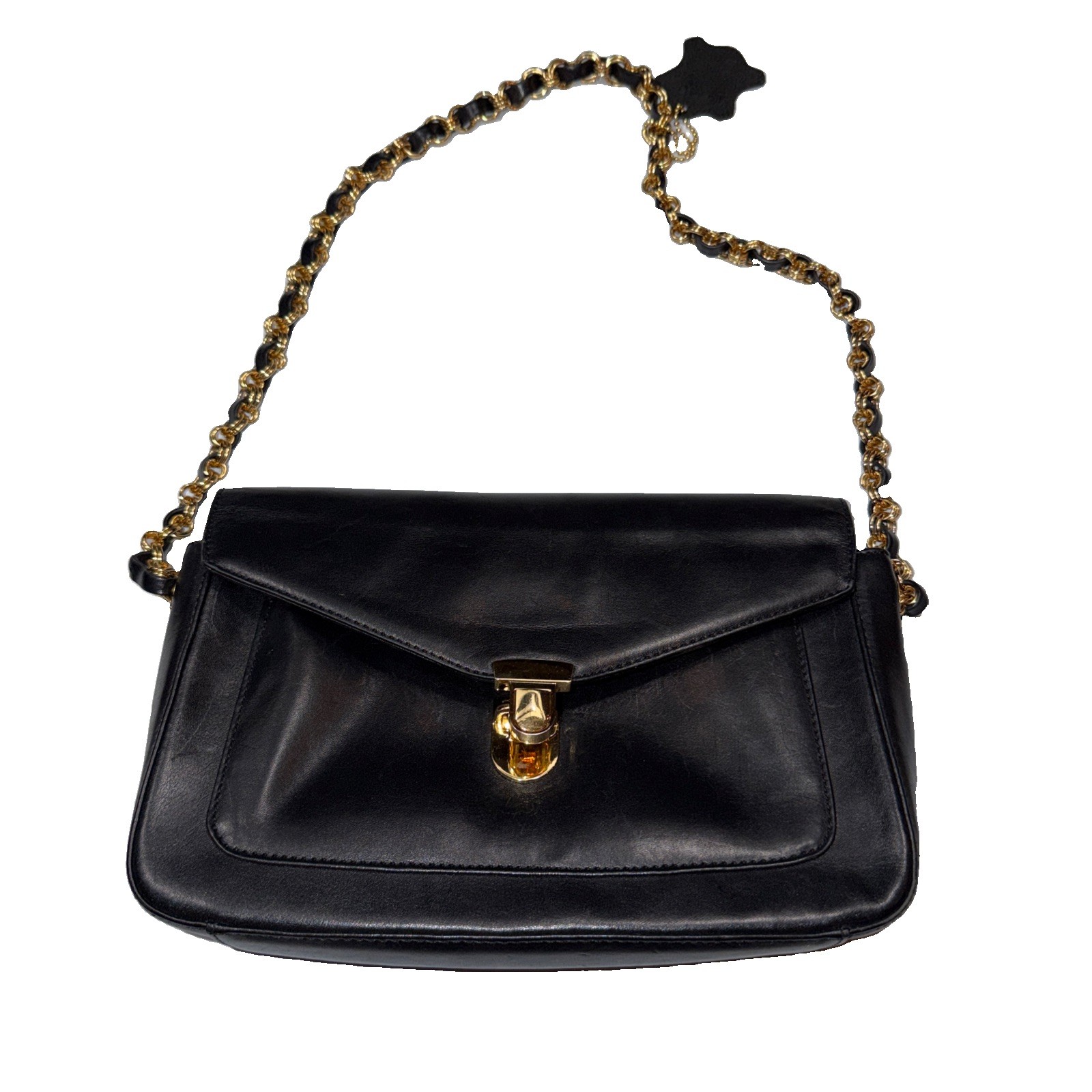 Bloomingdale’s Black Leather Bag Gold Buckle Chain Shoulder Strap Purse Vintage