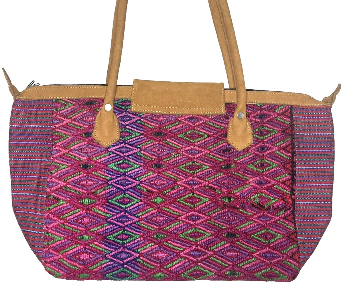 Aztec Suede Leather Tapestry Tote Handbag 45x30cm Pink Brown Diamond Design Zip