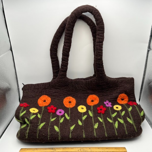 Frabjous Fibers Wool Felted Floral Brown Shoulder Handbag