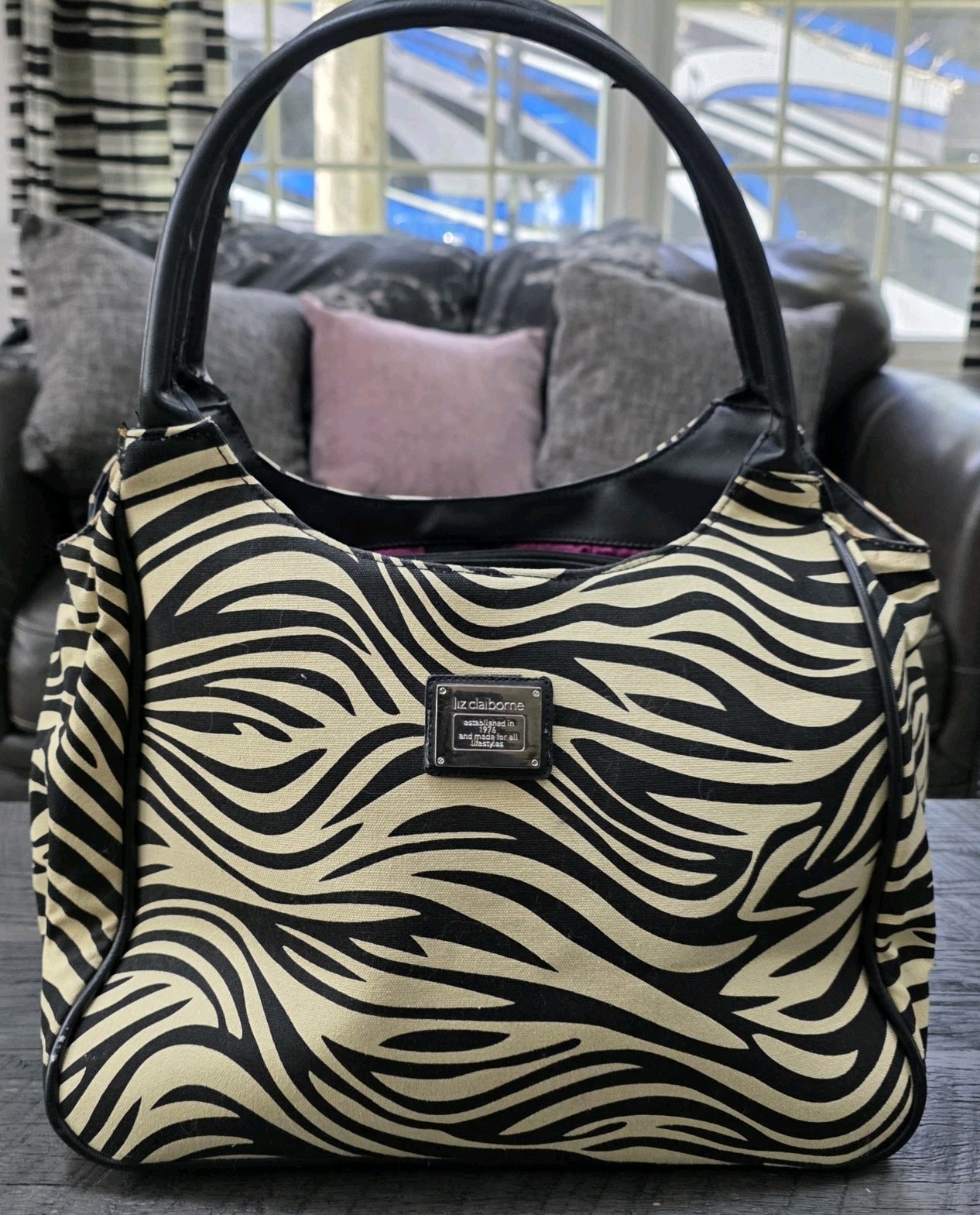 New Liz Claiborne Zebra Print Shoulder Bag in Black and Cream