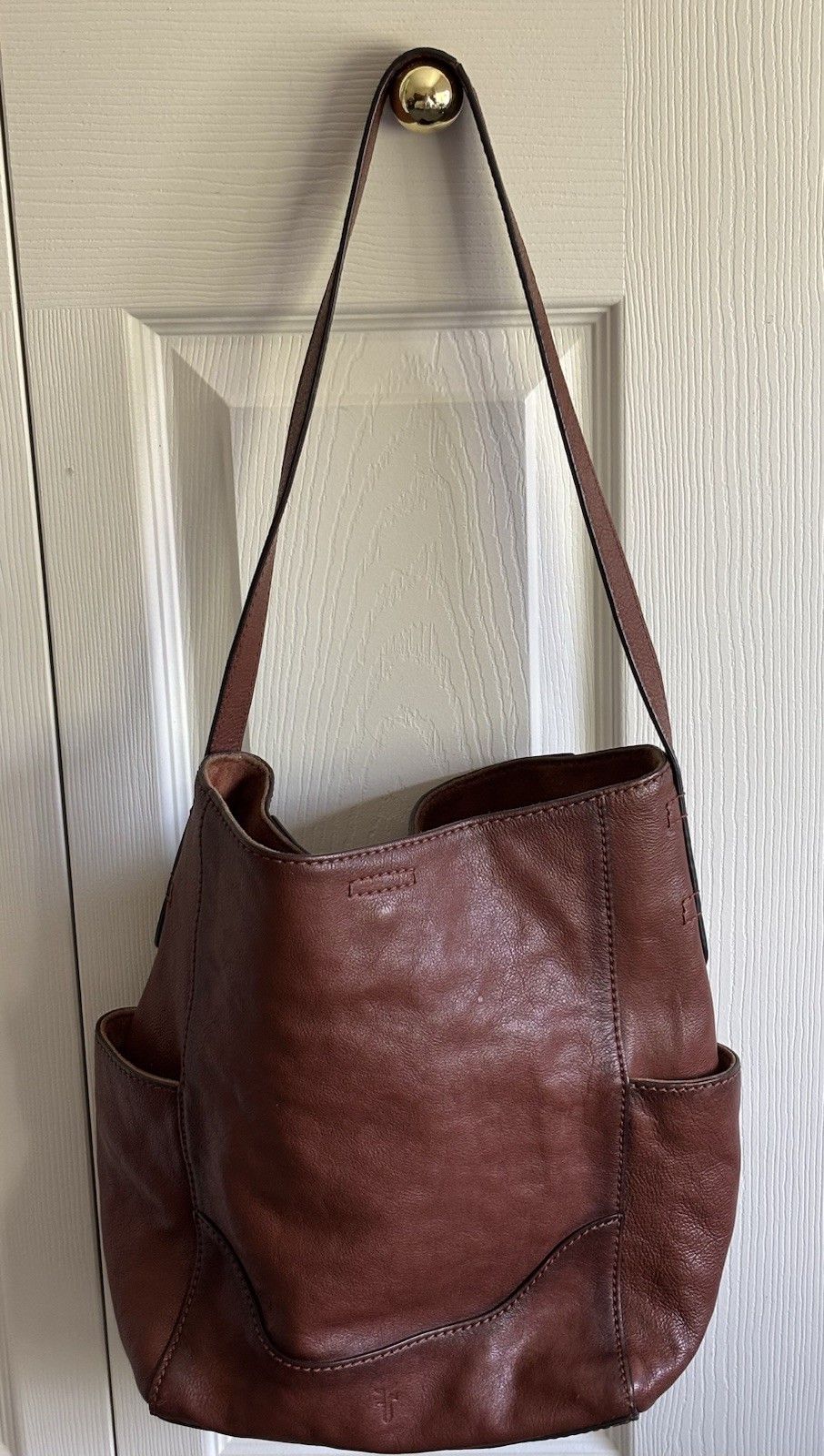 FRYE LENA COGNAC LEATHER SIDE POCKET HOBO SHOULDER BAG TOTE DB323