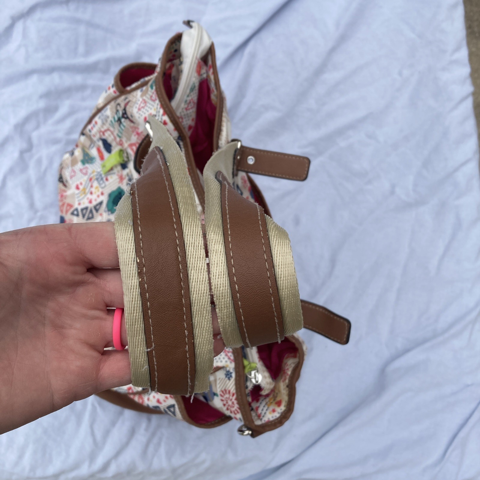 Lilly Bloom Floral Canvas Tote Bag with Brown Trim – Multicolor 13Lx4.5W*12H EUC