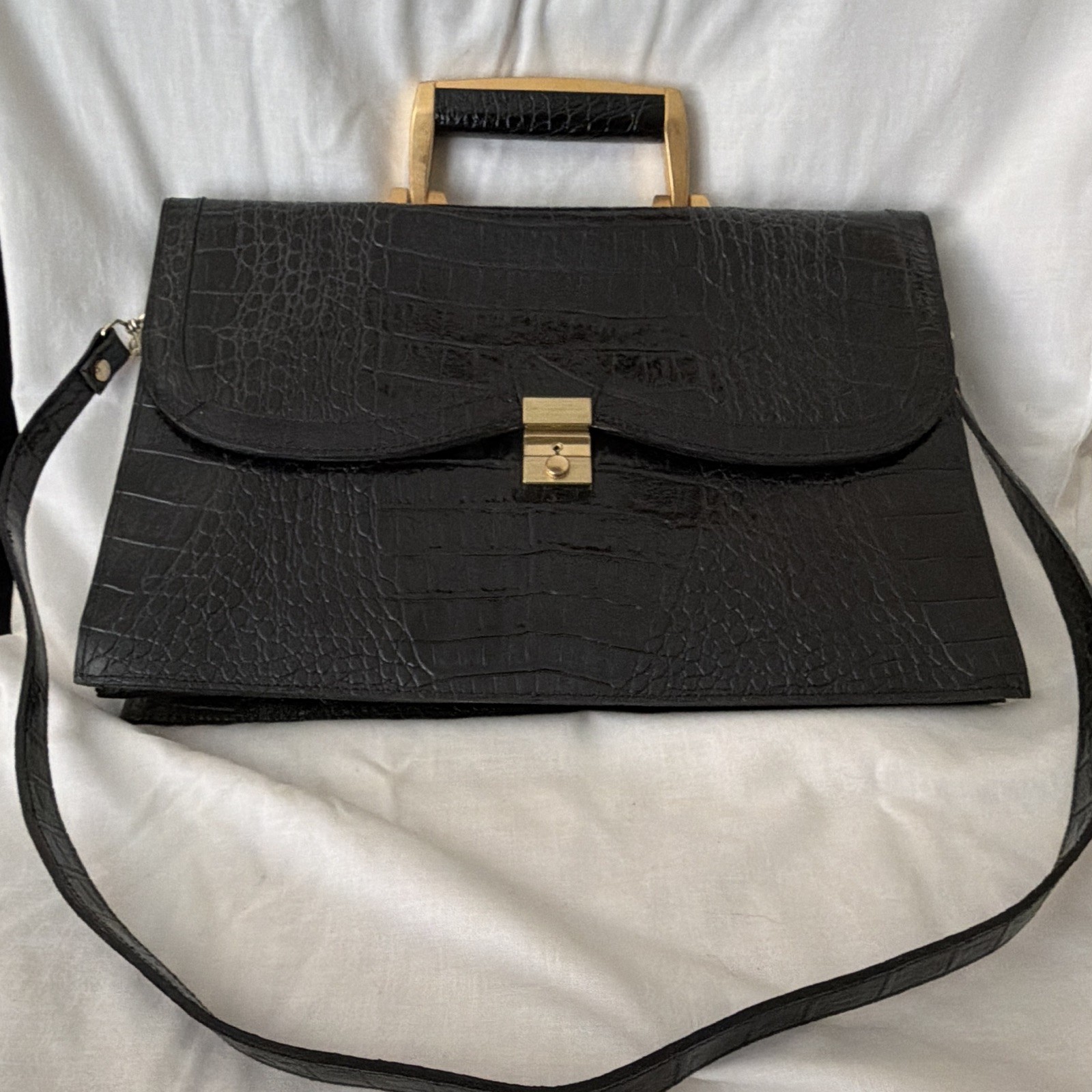 Veneto Black Croc Print Embossed Satchel Top Handle Bag Push Lock, Strap