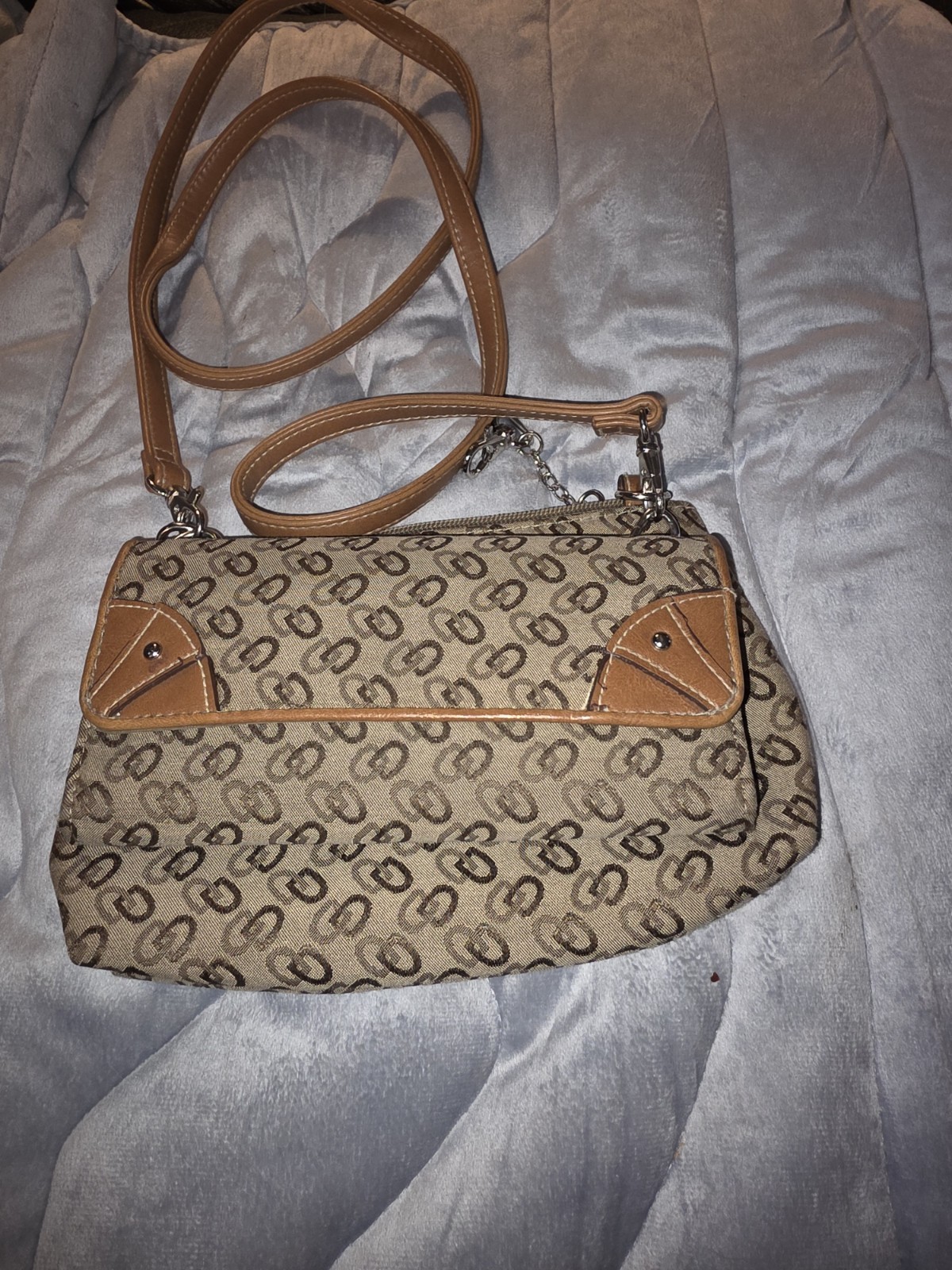 Beige Brown Logo Crossbody Bag Zip Snap Detachable Adjustable Strap Silver