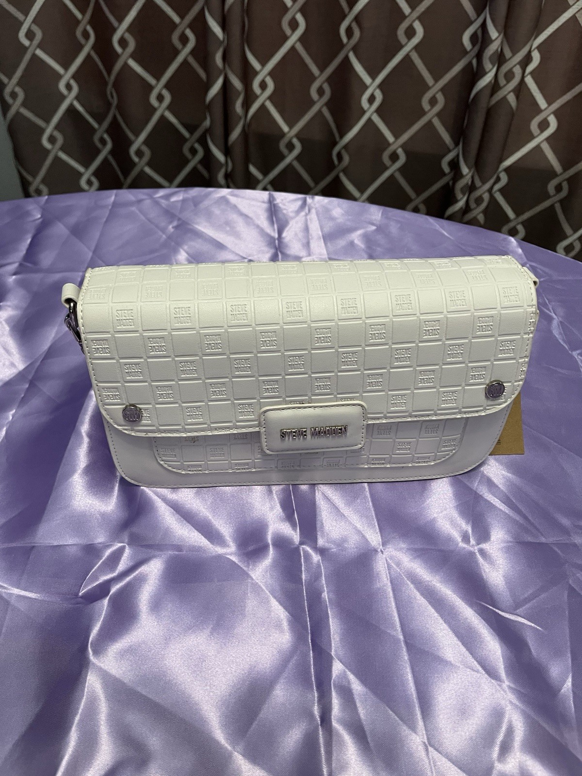 Steve Madden White Logo Embossed Chain Crossbody Bag Silver Hardware Magnetic