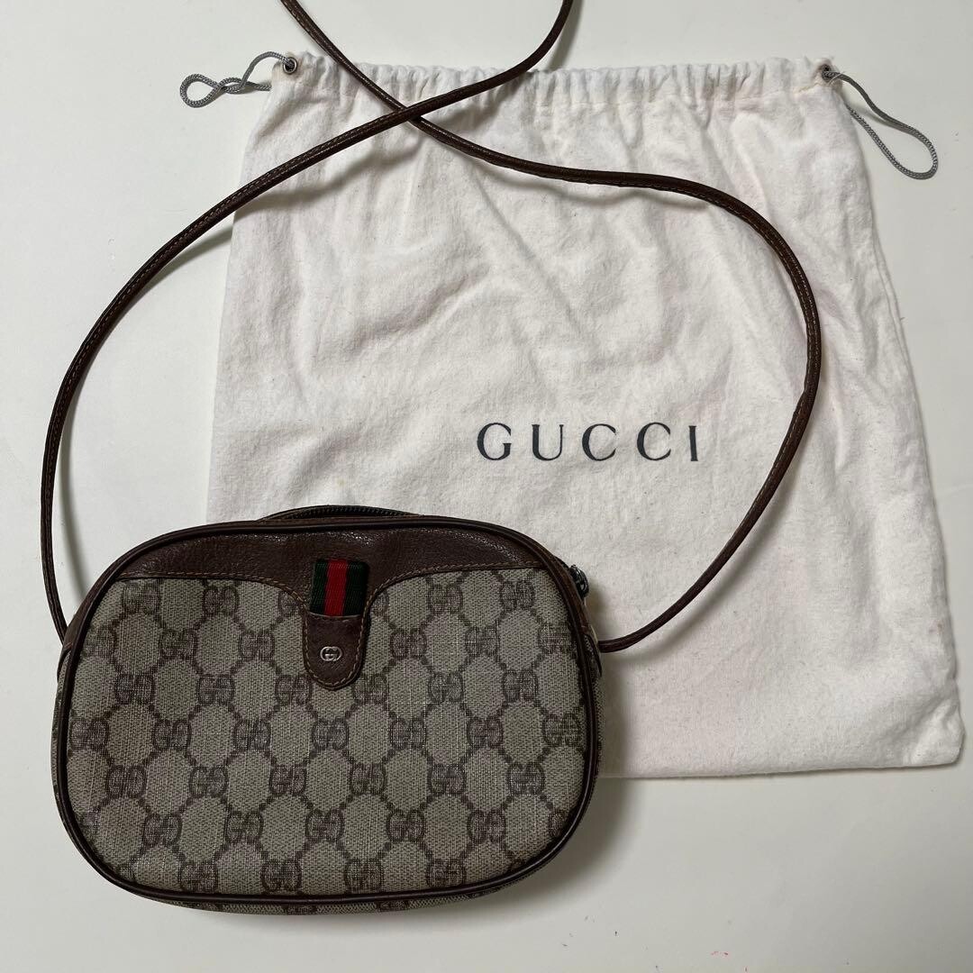 Gucci Vintage GG Plus Web Stripe Small Brown Shoulder Bag Made in Italy