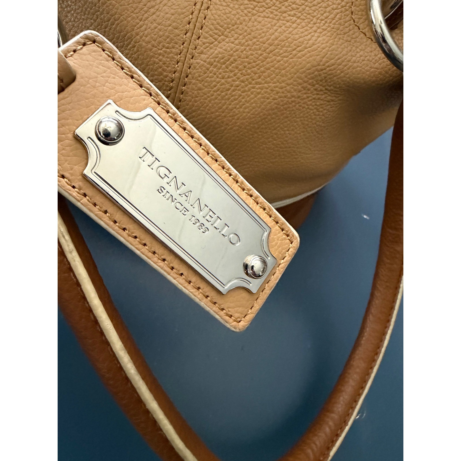 Tignanello Two Tone Tan Brown Pebbled Leather Shoulder Bag Hobo Purse Handbag