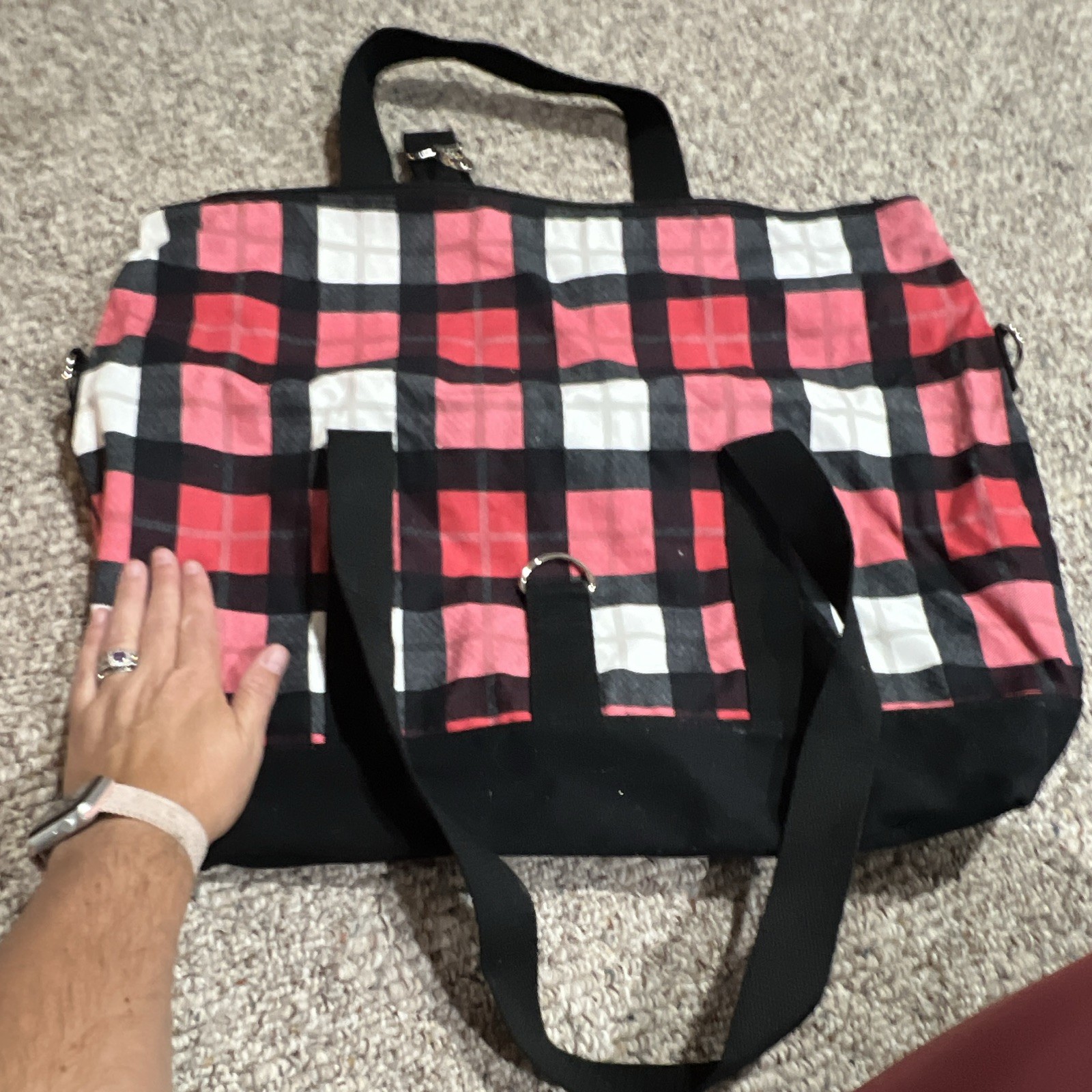 Thirty-One Plaid Zip Tote WeekendBag Red/Black/White Detachable Adj. Strap