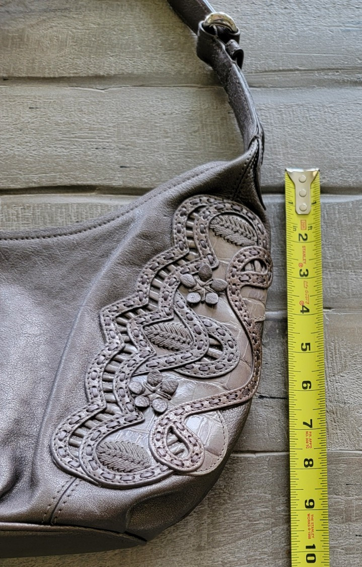 Brighton Nikki Grey Brown Leather Lace Applique Heart Charm Shoulder Purse Bag