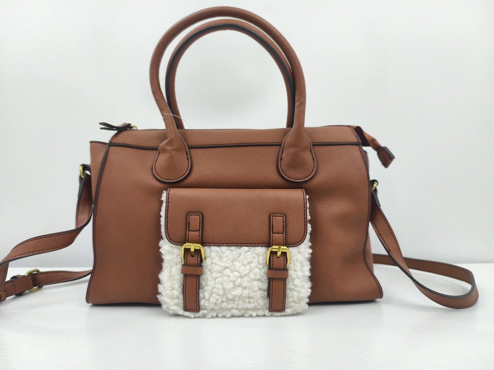 A.n.a Satchel Crossbody Bag Womens Medium Brown Faux Leather Sherpa Purse
