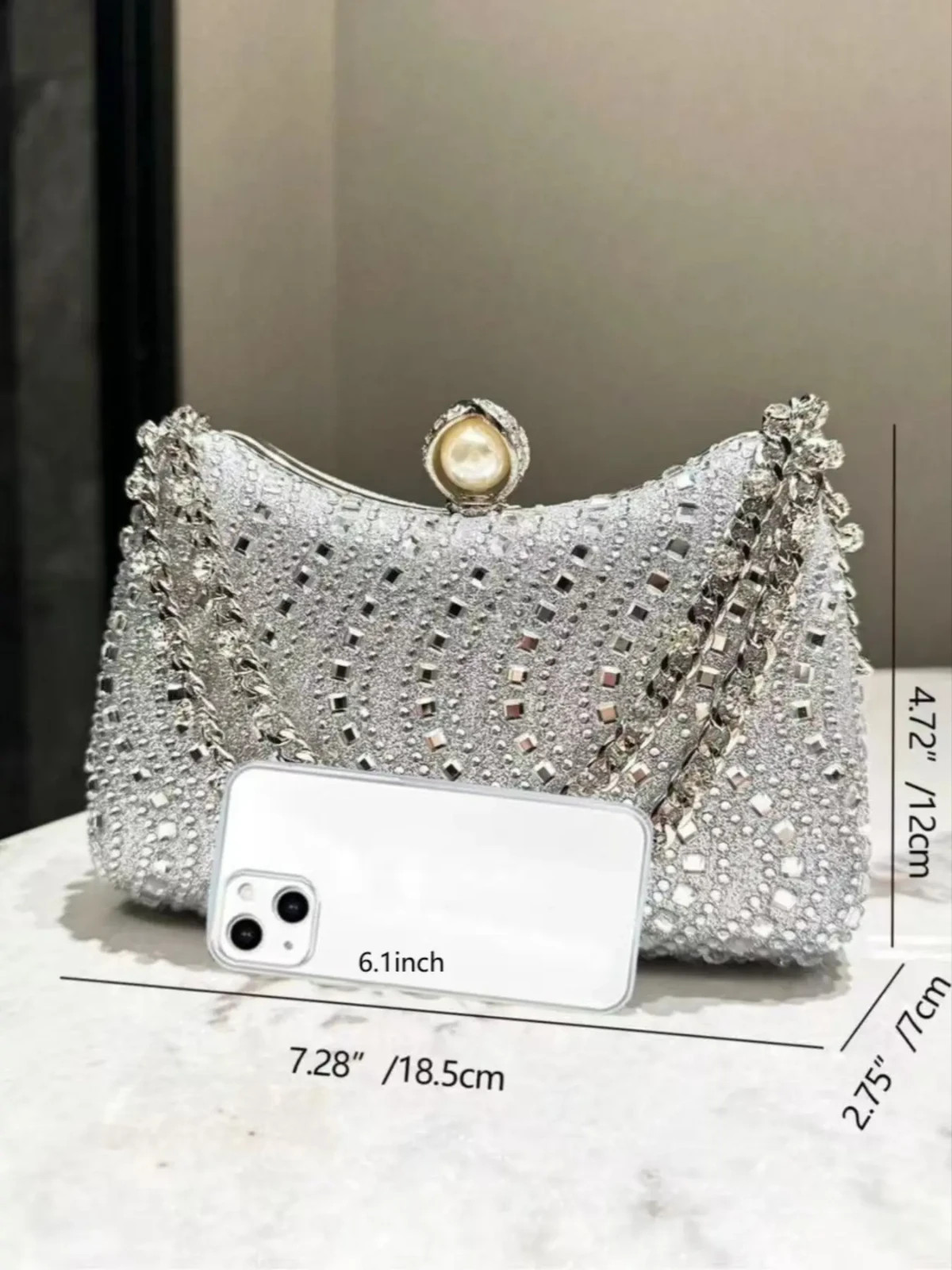 EVENING BAG- Gold Tone Rhinestone Decorated Metal Handle Clutch Purse, Luxury