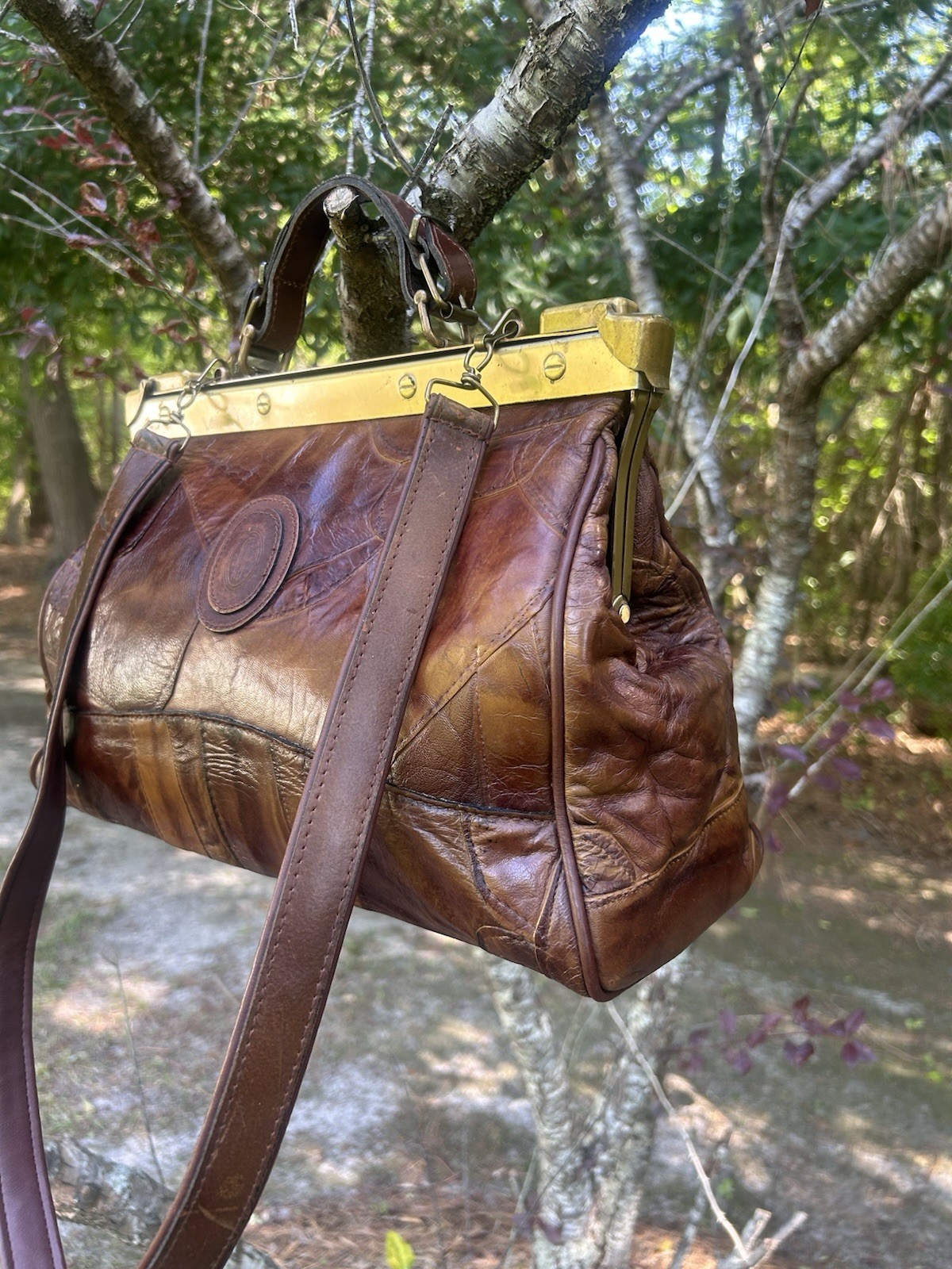 Vintage Patchwork Leather Gladstone Handbag Doctor Midwife Style/ Brass Hinged