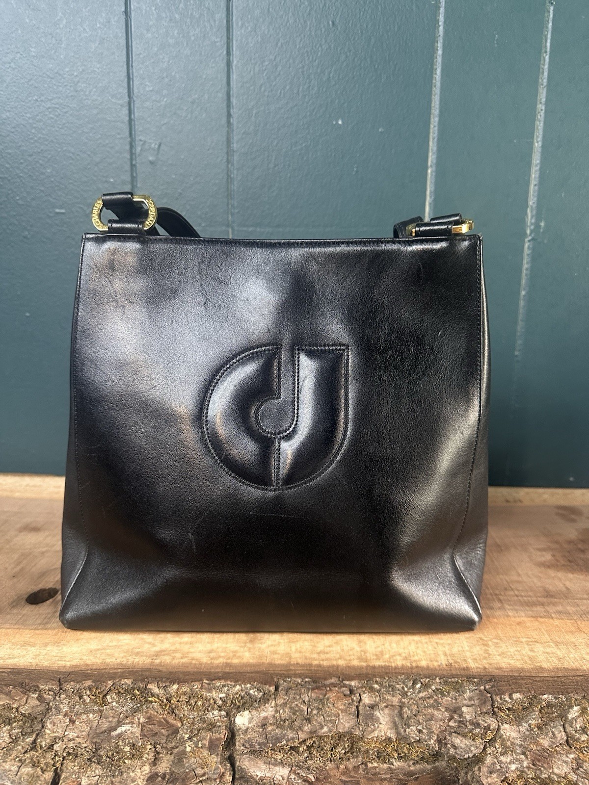 Vintage Charles Jourdan Black Leather Shoulder Bag Logo France Gold Hardware
