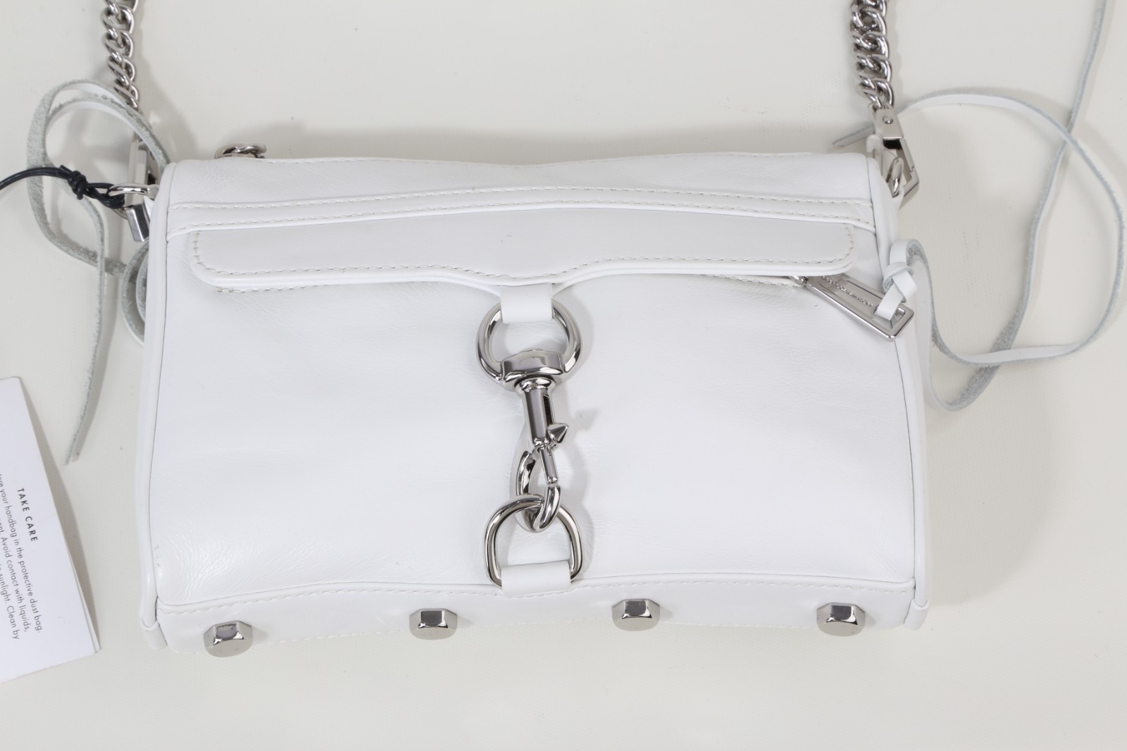 Rebecca Minkoff Mini MAC White Leather Crossbody Bag Silver Chain Dog Clip Purse