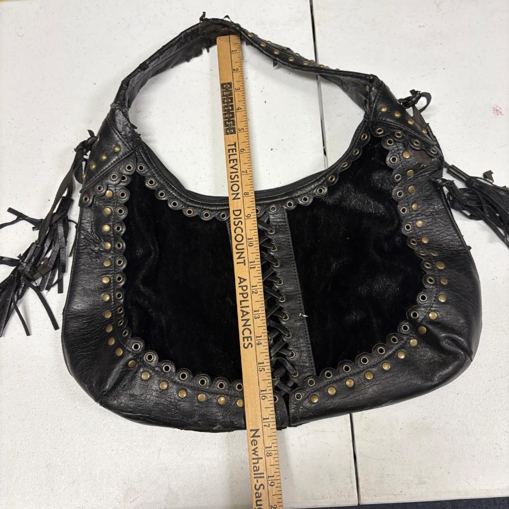 Vintage Black Faux Leather Hobo Bag Studded Grommet Lace Up Fringe Punk Goth