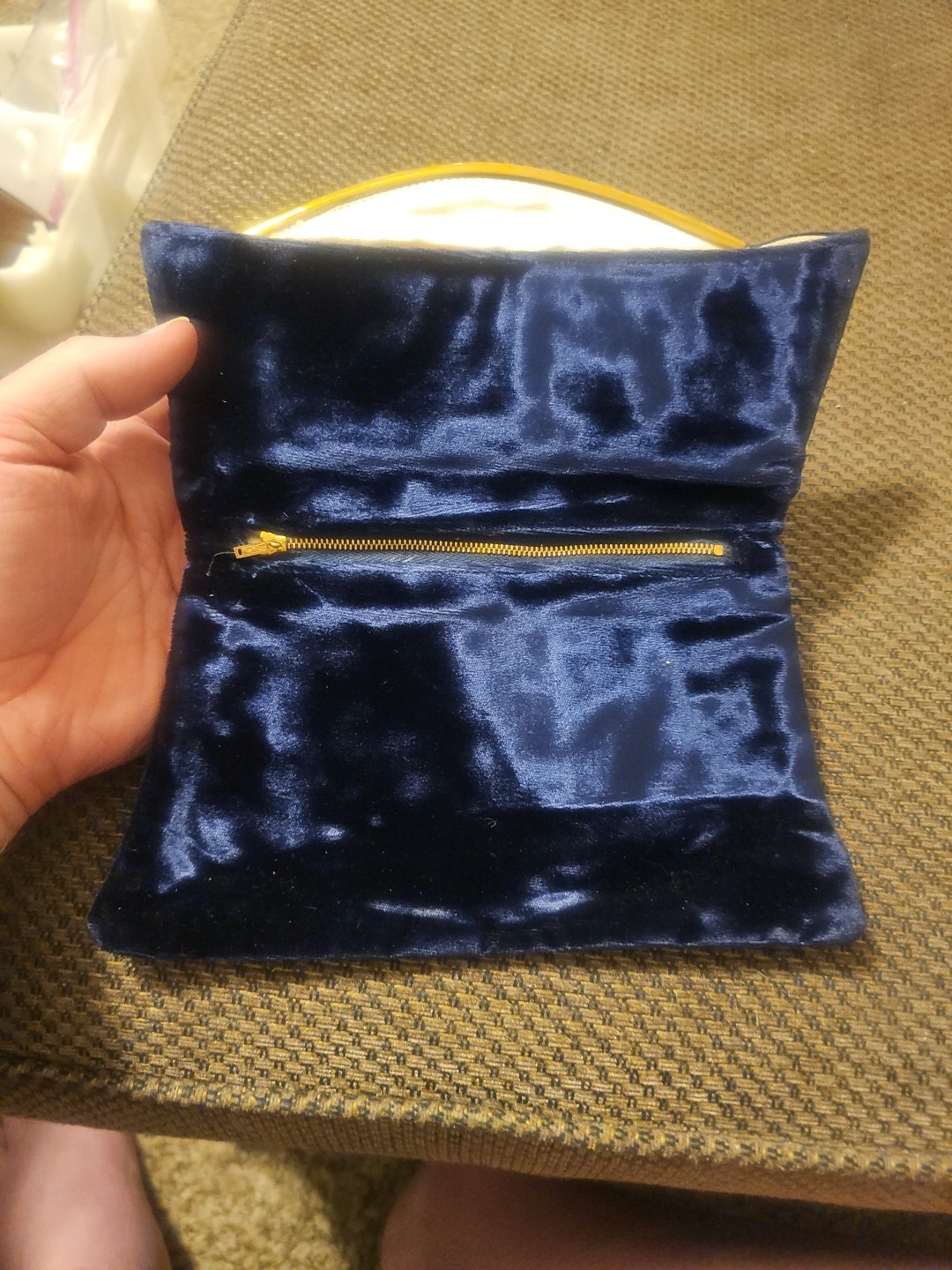 Elegant GoldMetal RibFront Velvet ClutchEvening Handbag DarkBlue Ballroom ATTIRE