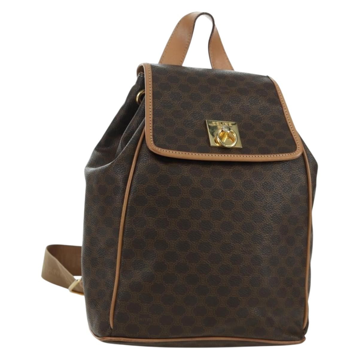 CELINE Macadam Canvas Backpack PVC Leather Brown Gold Auth am11186A