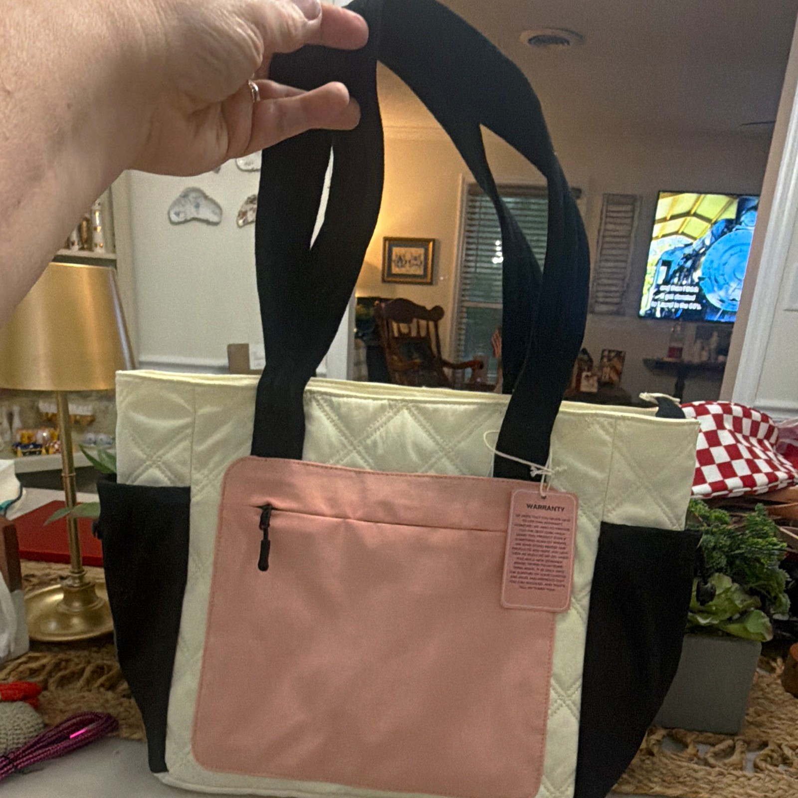 HARC ROEVIA Quilted Colorblock Tote White/Pink/Black Zip/Drawstring Pockets