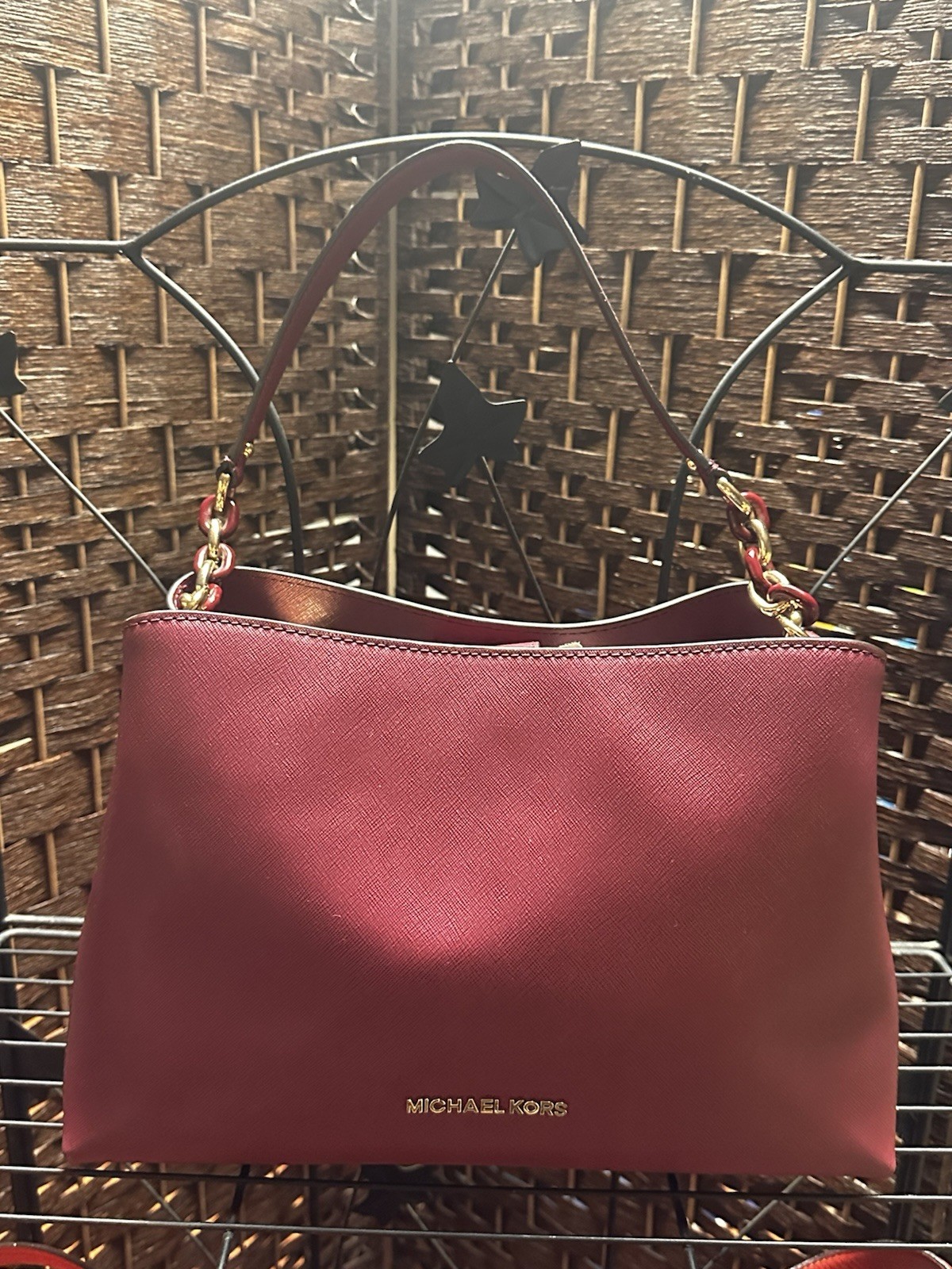 Michael Kors Sofia Large Burgundy Red Saffiano Leather Satchel Shoulder Purse
