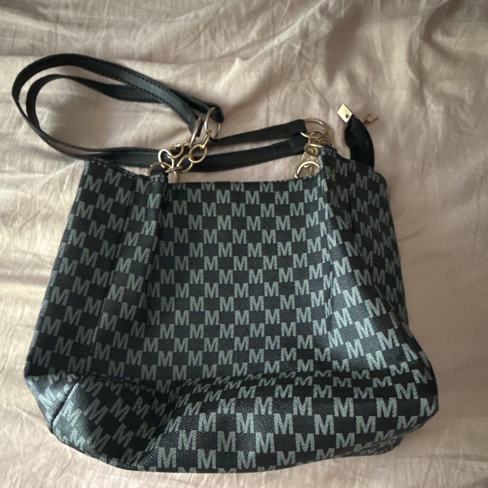 MKF Collection Logo Shoulder Bag Black/Gray Zip Detachable Chain Strap Gold