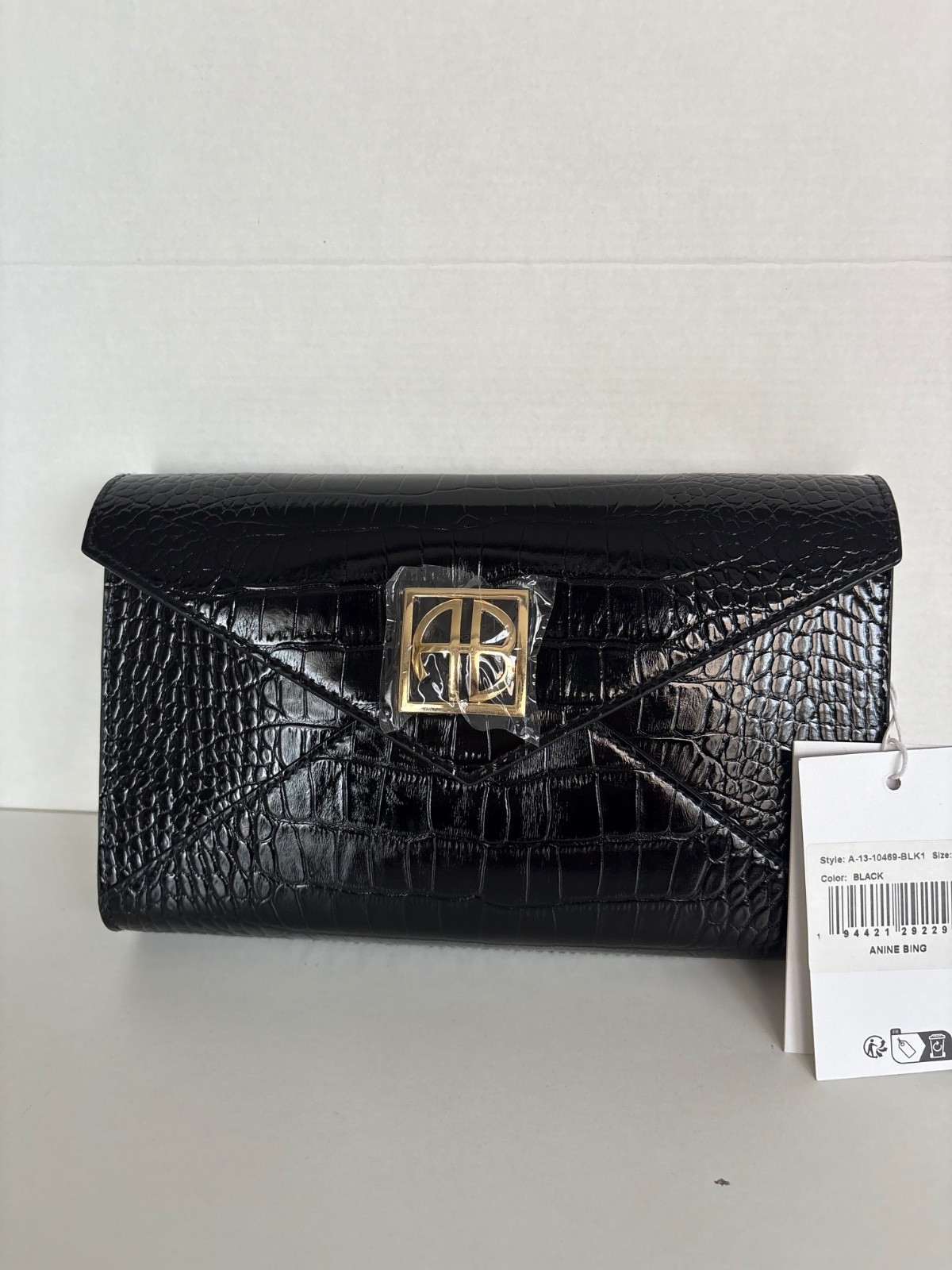 Anine Bing Elly Croc Embossed Leather Clutch Black Detachable Chain Strap – NWT