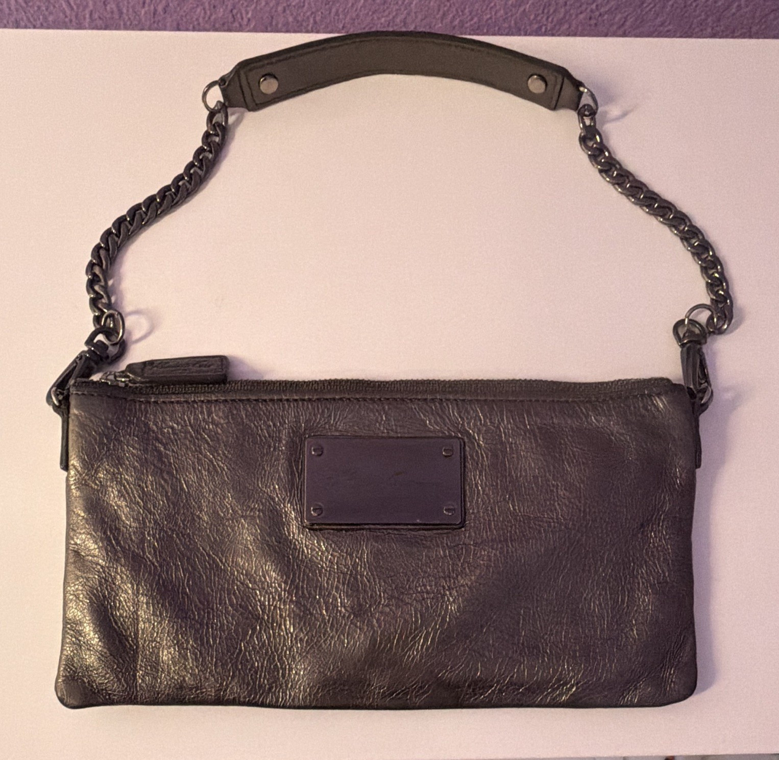 Kenneth Cole NY Metallic Leather Small Shoulder Bag Zip Closure Chain Wristlet