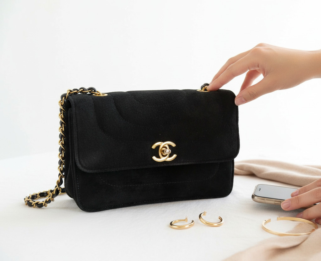 Chanel Classic Flap Shoulder Bag Mini Square Chain Black Suede Vintage Retro Y2K