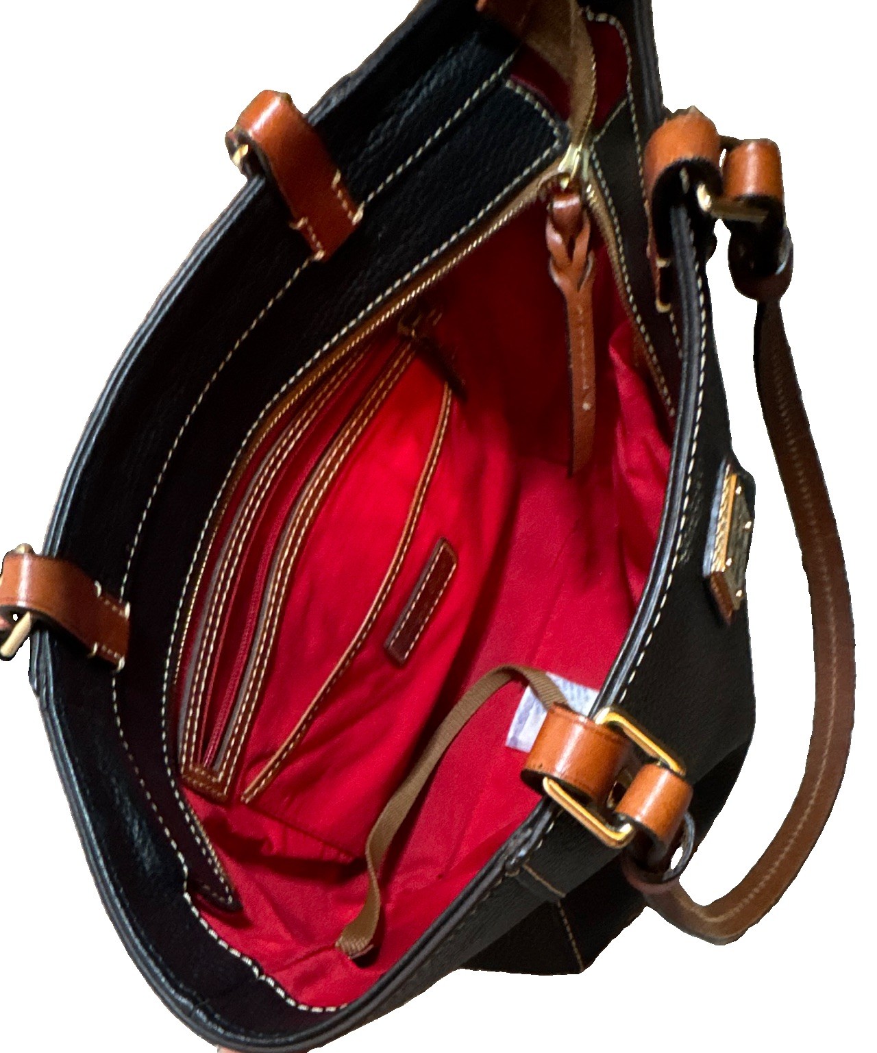 Dooney & Bourke Black Pebbled Zip Tote, Red Lining, Pockets, Gold Hardware