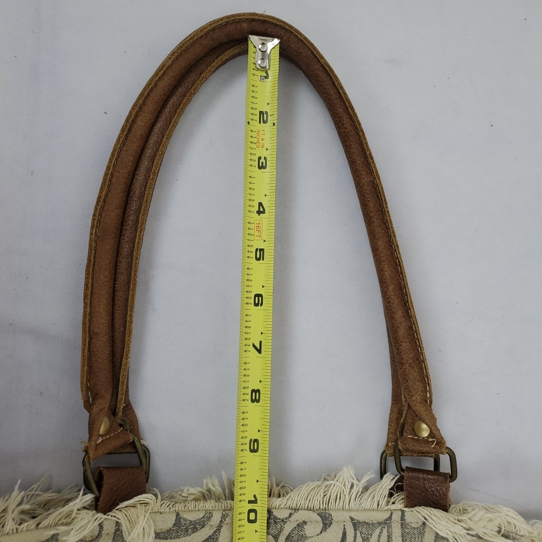 Myra Bag Scroll Print Canvas Fringe Buffalo Leather Cowhide Hair Zip Closure