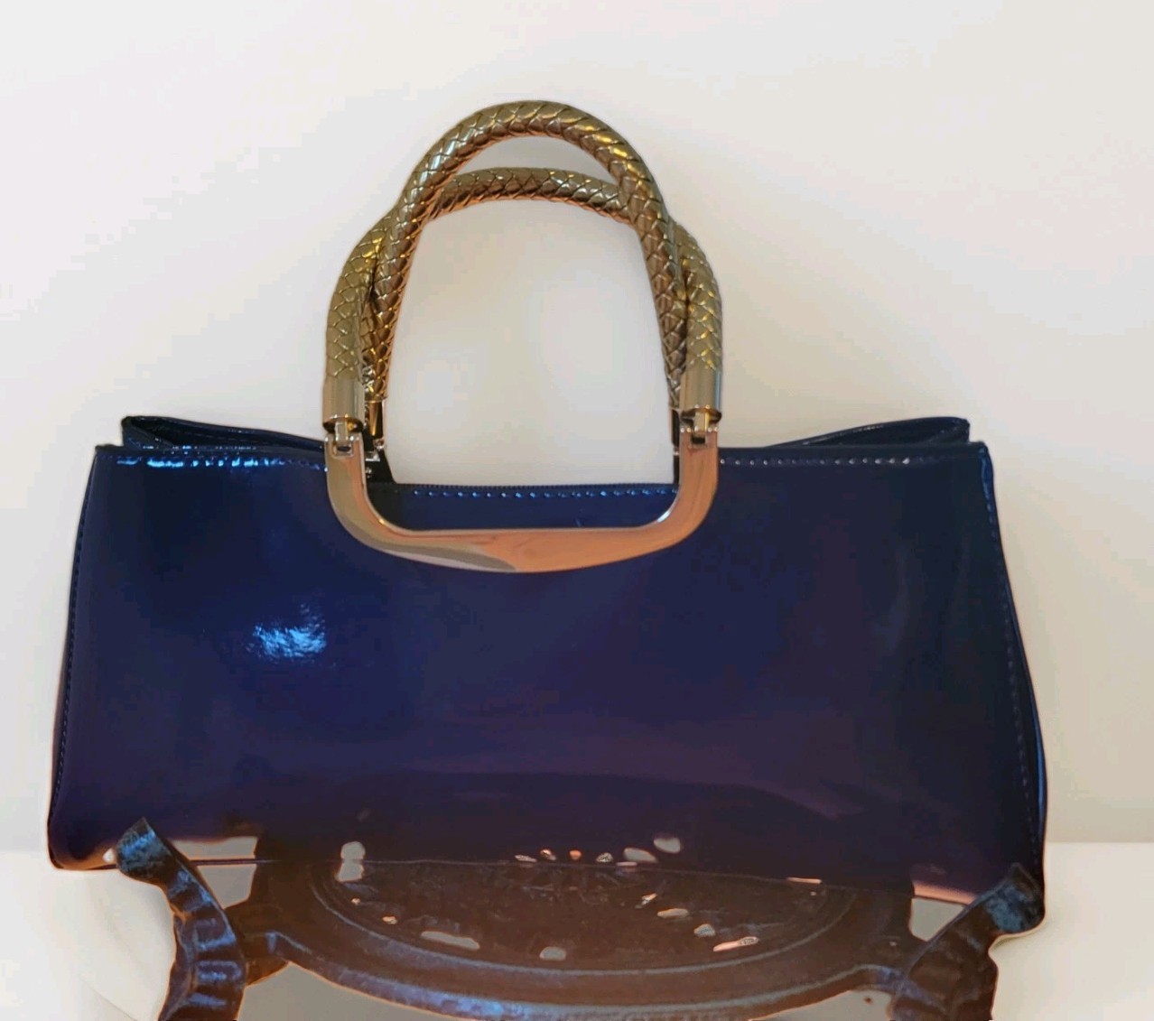 Elegant Patent Leather Bag/Crossbody Purse Glossy Royal Blue Gold Accent PU New