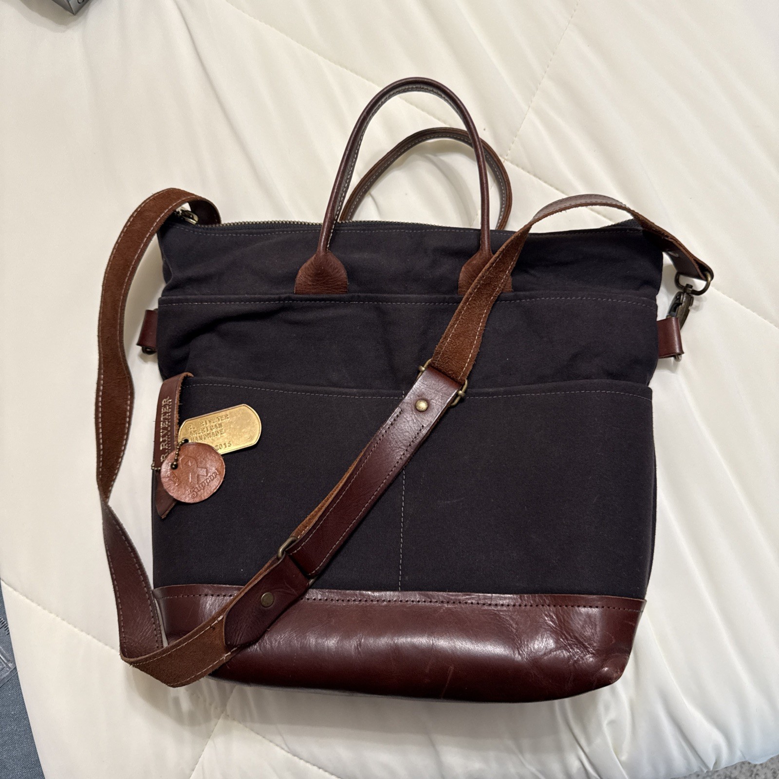 R. Riveter Otto Convertible Crossbody Purse Tote Black Canvas & Leather Trim
