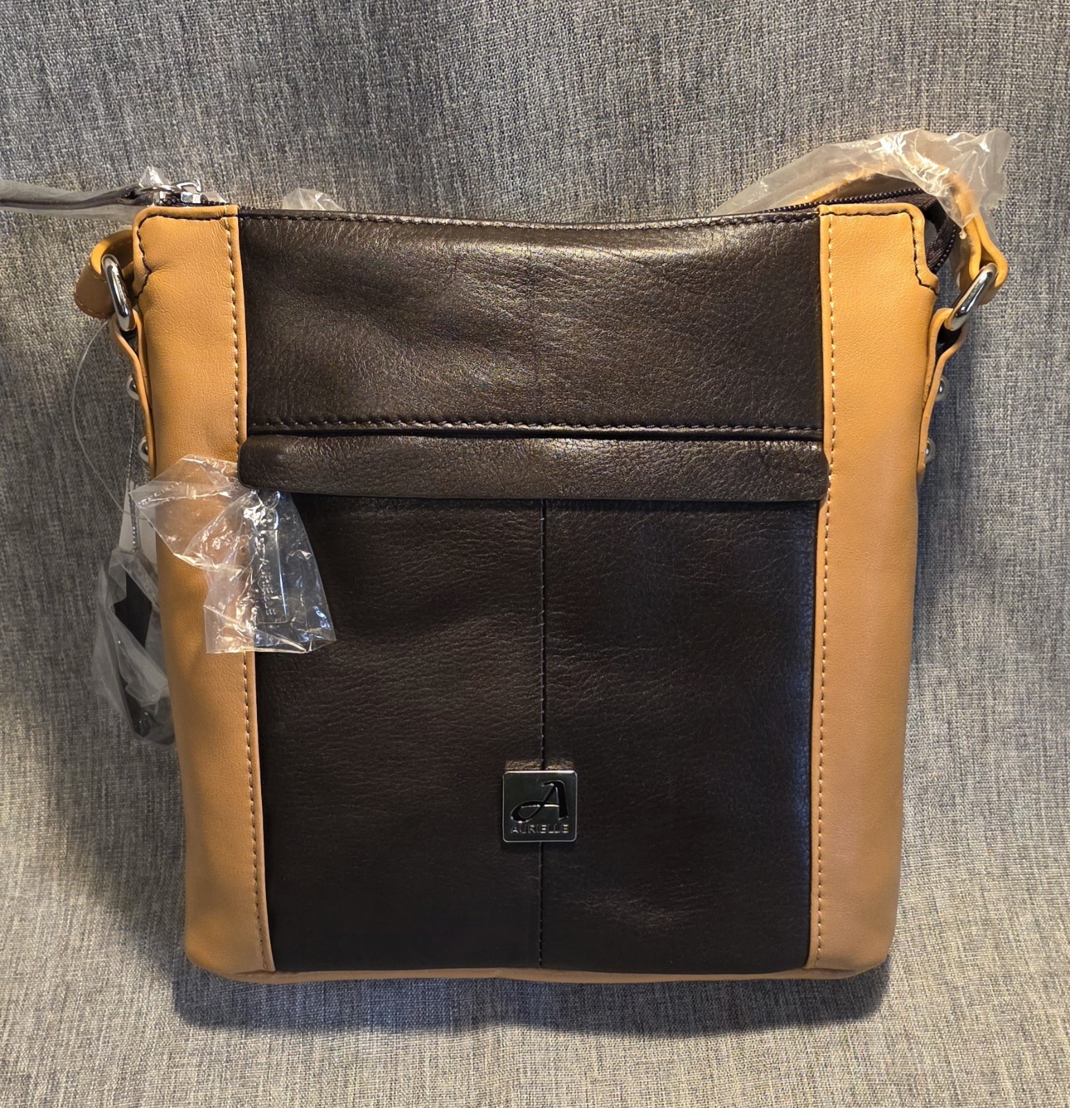 Aurielle NWT Leather Crossbody Purse Two-Tone Brown/Nut Classy Genuine Leather