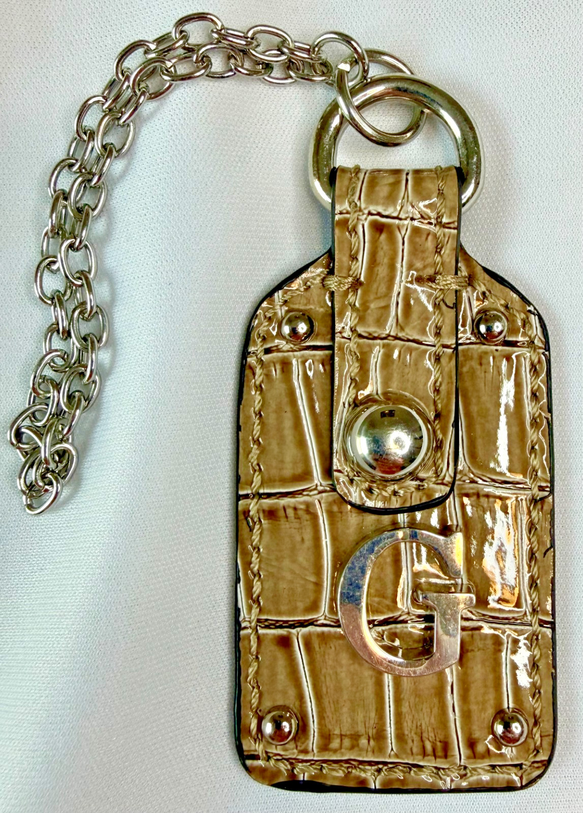 Guess Keychain Purse Charm G Logo Faux Croc Embossed Silver Hardware