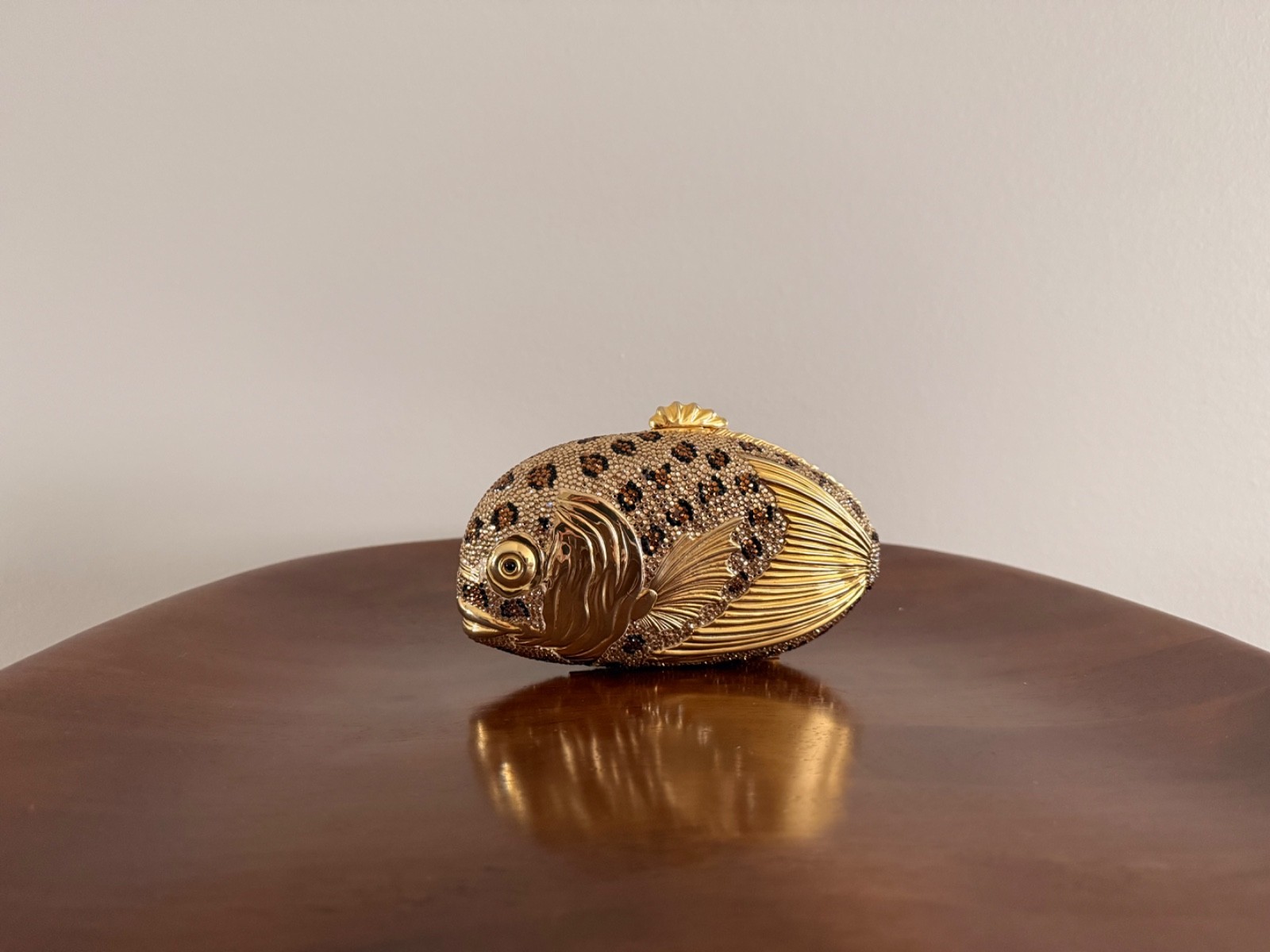 80s Judith Leiber Leopard Print Swarovski Crystal Fish Minaudière