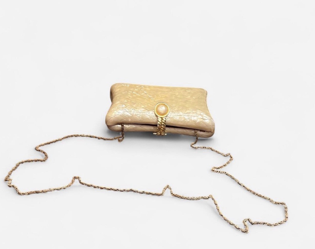 Mother of Pearl Clutch w/ Glossy Gold Chain Shoulder Strap, Formal Small